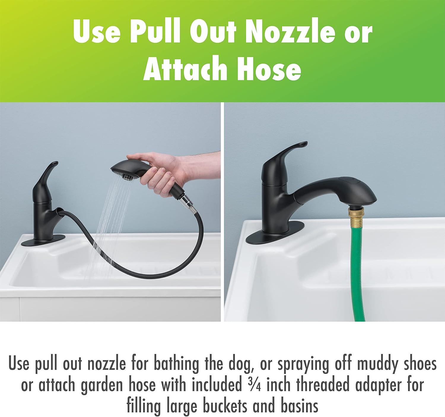 Homewerks Single Handle Pull Out Laundry Faucet 1 or 3 Hole Installation with Deckplate, Universal Install, Utility Kitchen Sink or Laundry Tub, Garden Hose Adapter, Matte Black (903 U425MB)