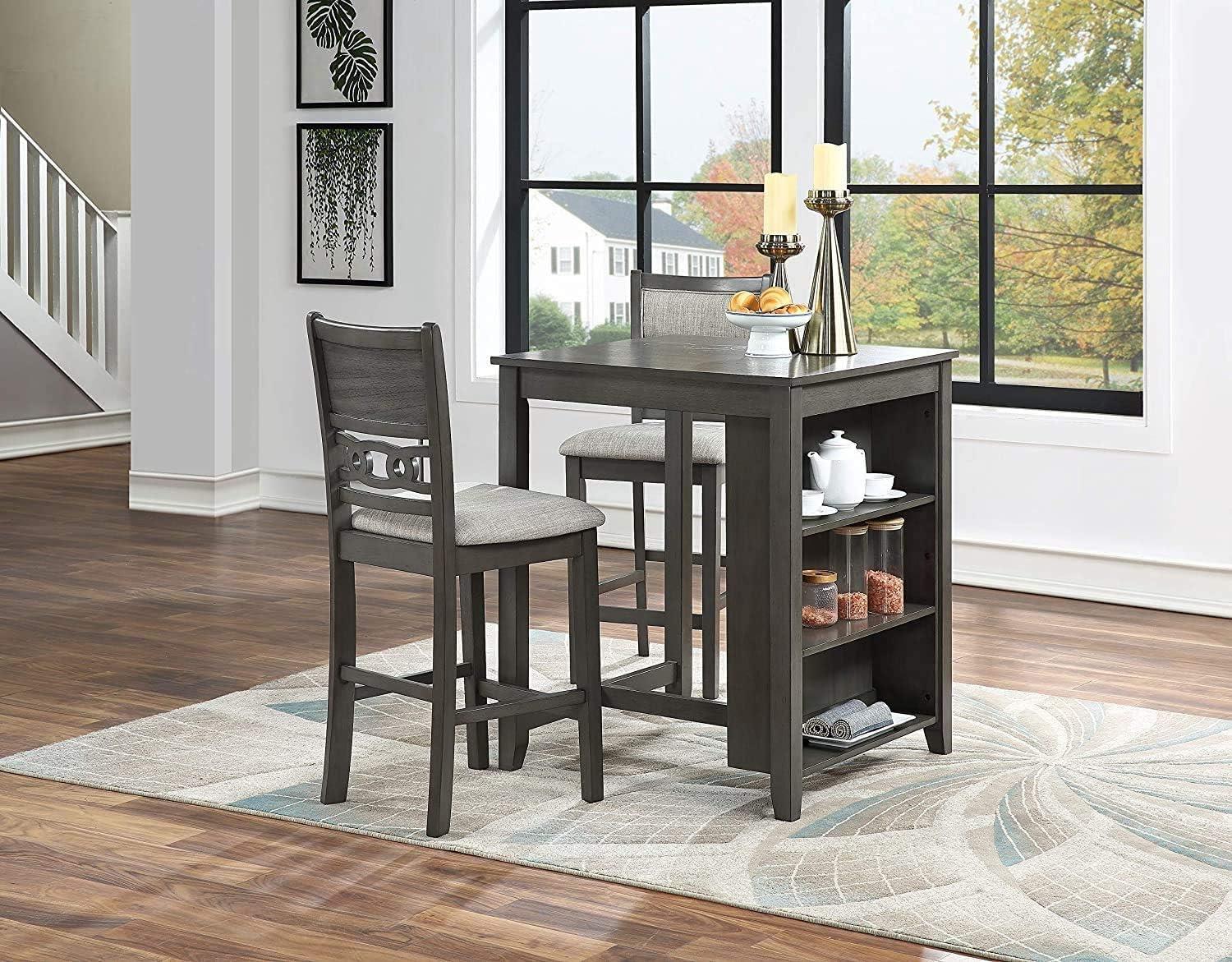 Gray Solid Wood Counter Table with Storage and 2 Chairs