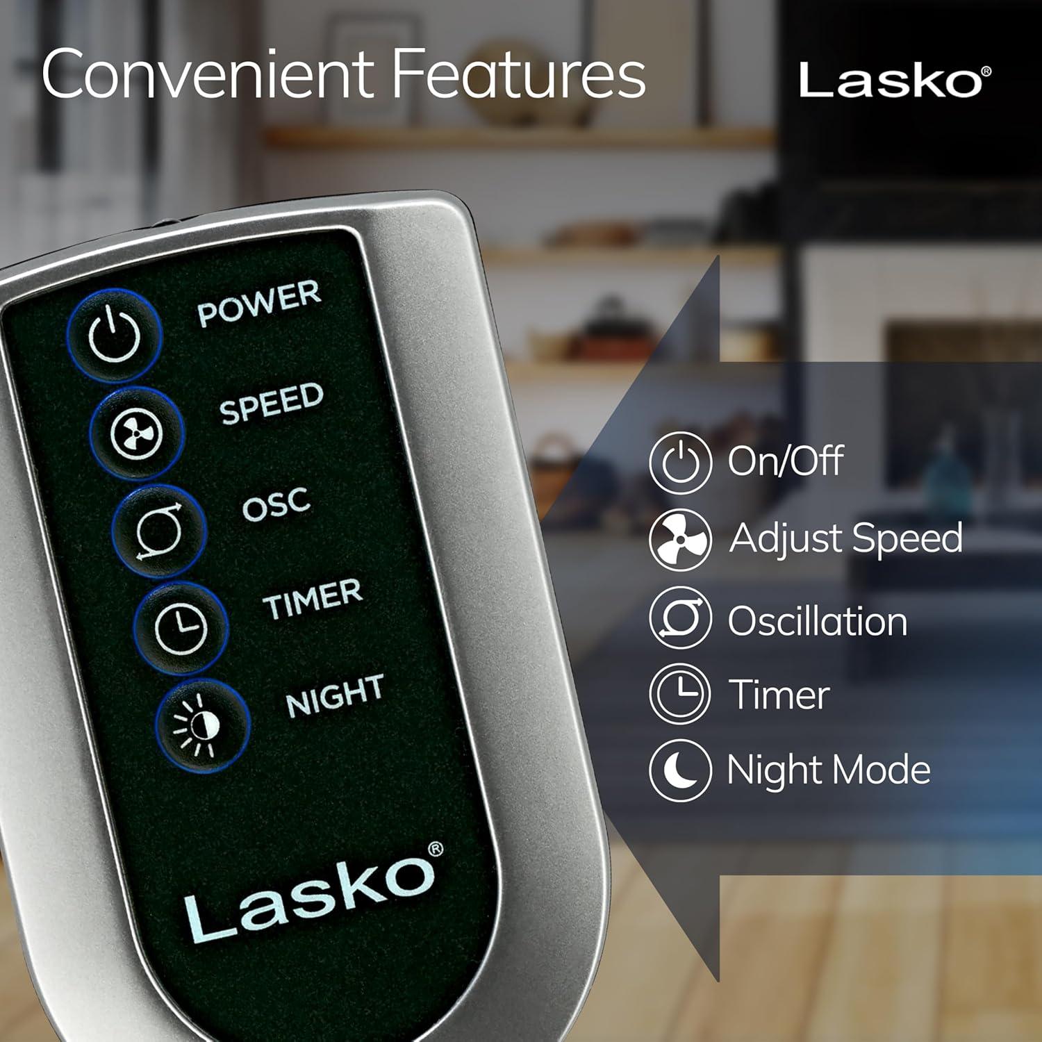 Lasko Wind Curve 42” 3-Speed Remote Controlled Oscillating Tower Fan, Silver, T42951 New