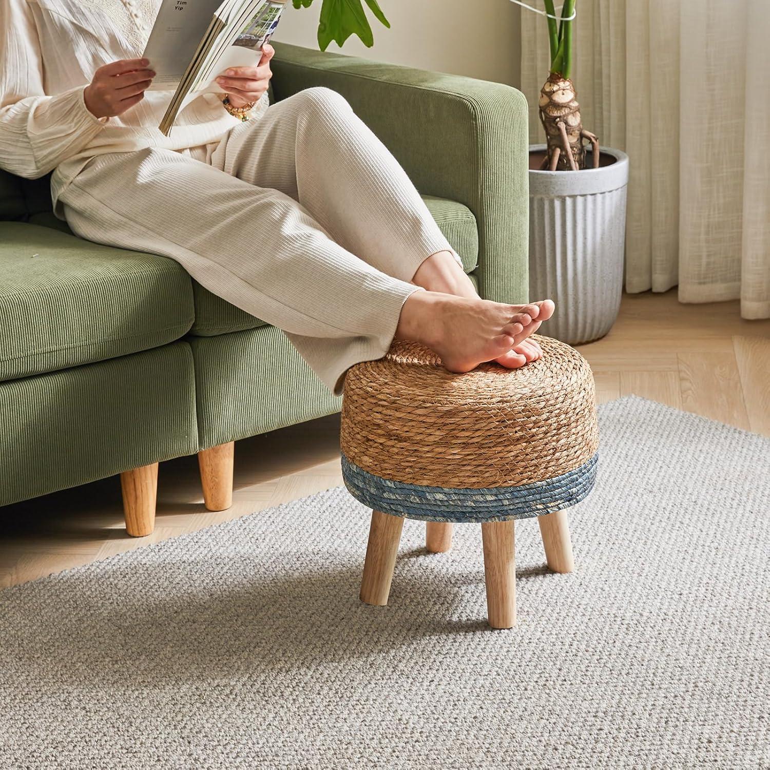 YMYNY Foot Stool Natural Seagrass Hand Weave, 12.6" Small Ottoman, Round Footrest for Living Room, Bedroom, Entryway, Change Shoes Stool, Non-Skid Wood Legs, Boho, Blue+White UHBD027QW