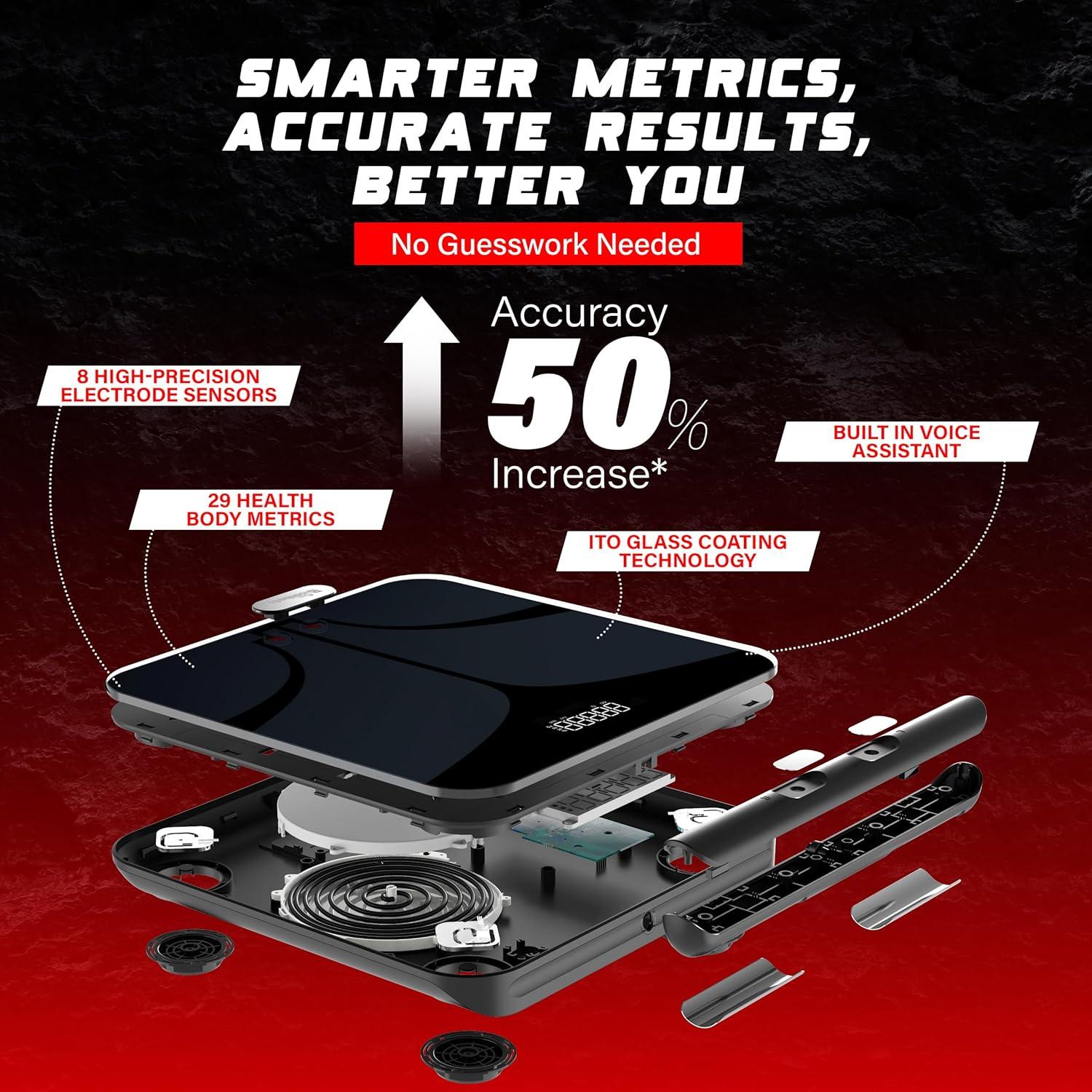 Bisonbody Smart Digital Body Scale – 29 Health Metrics – for Advanced Fitness Enthusiasts – Durable Tempered Glass – 8 High Sensitivity Electrodes Sensors – Smartphone App Connection