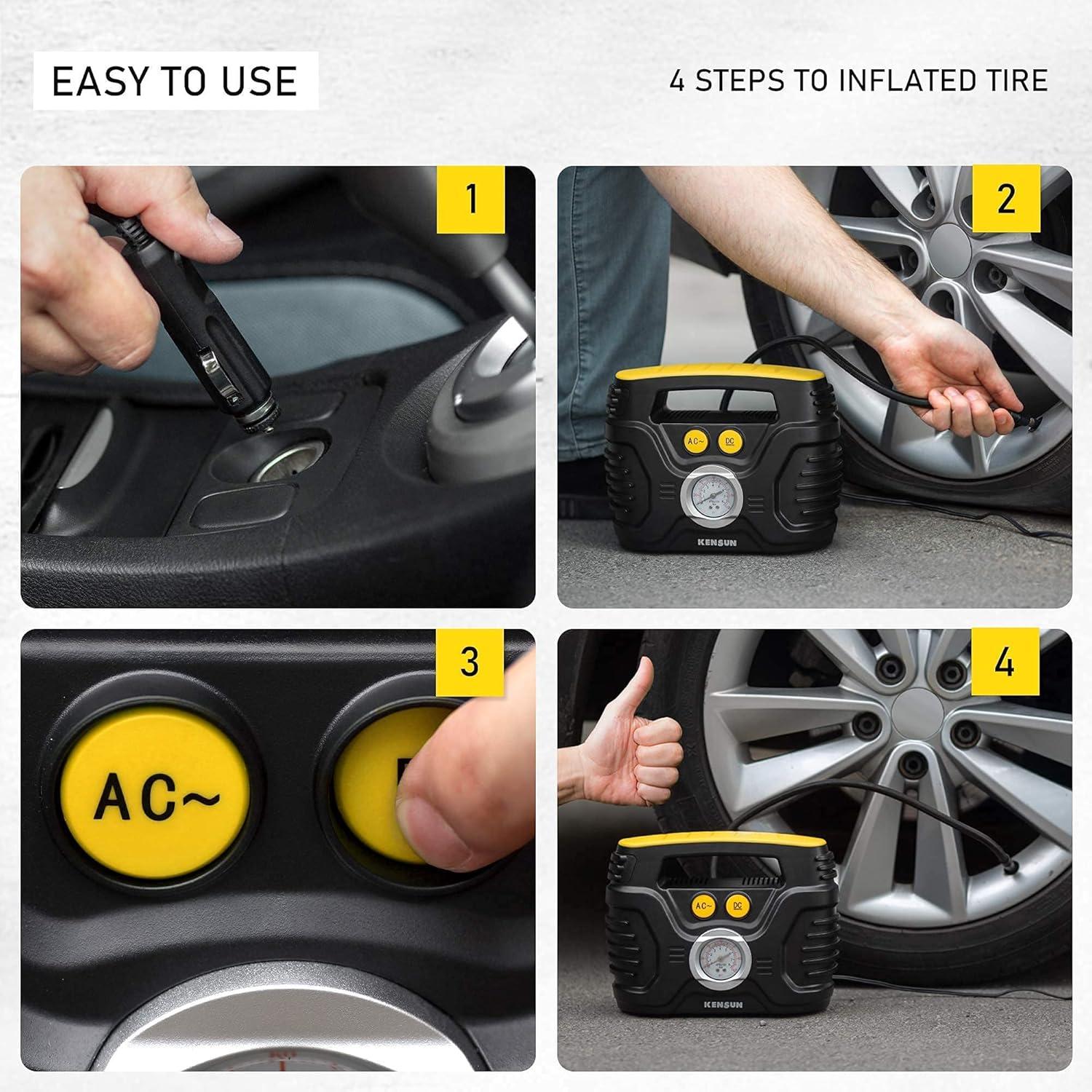 Kensun Air Compressor for Tires - Portable Tire Inflator Air Pump for Car - Electric Tire Compressor for Home and Car - Air Compressor Tire Pump - Air Pump for Cars, BIkes, And Inflatables