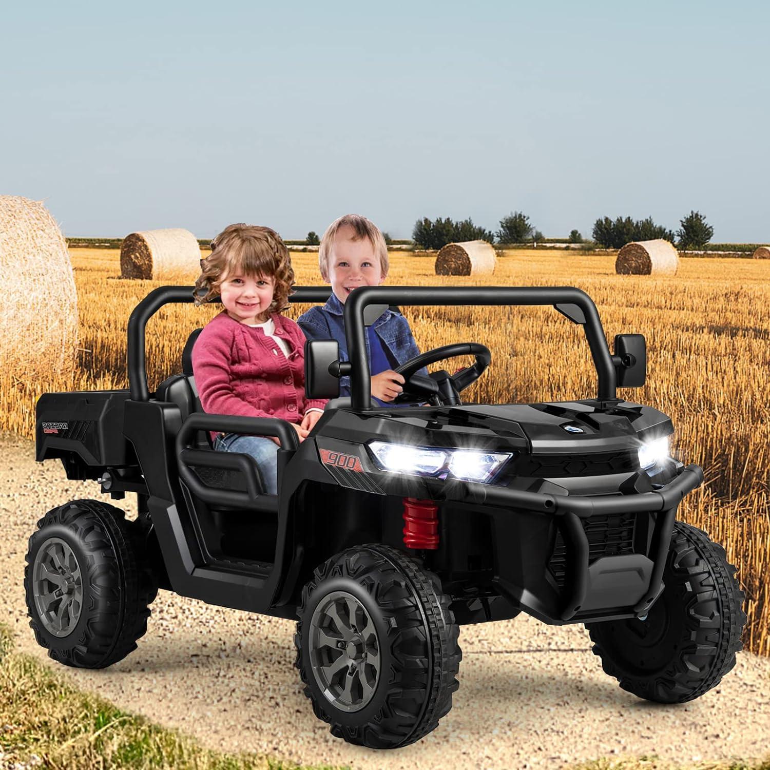 JOYRACER 24V 2 Seater Ride On Dump Truck with Remote Control , Electric UTV Car with Electric Dump Bed, 4WD Power Ride Cars W/6 Wheels Ride On Toys with Shovel Music Player
