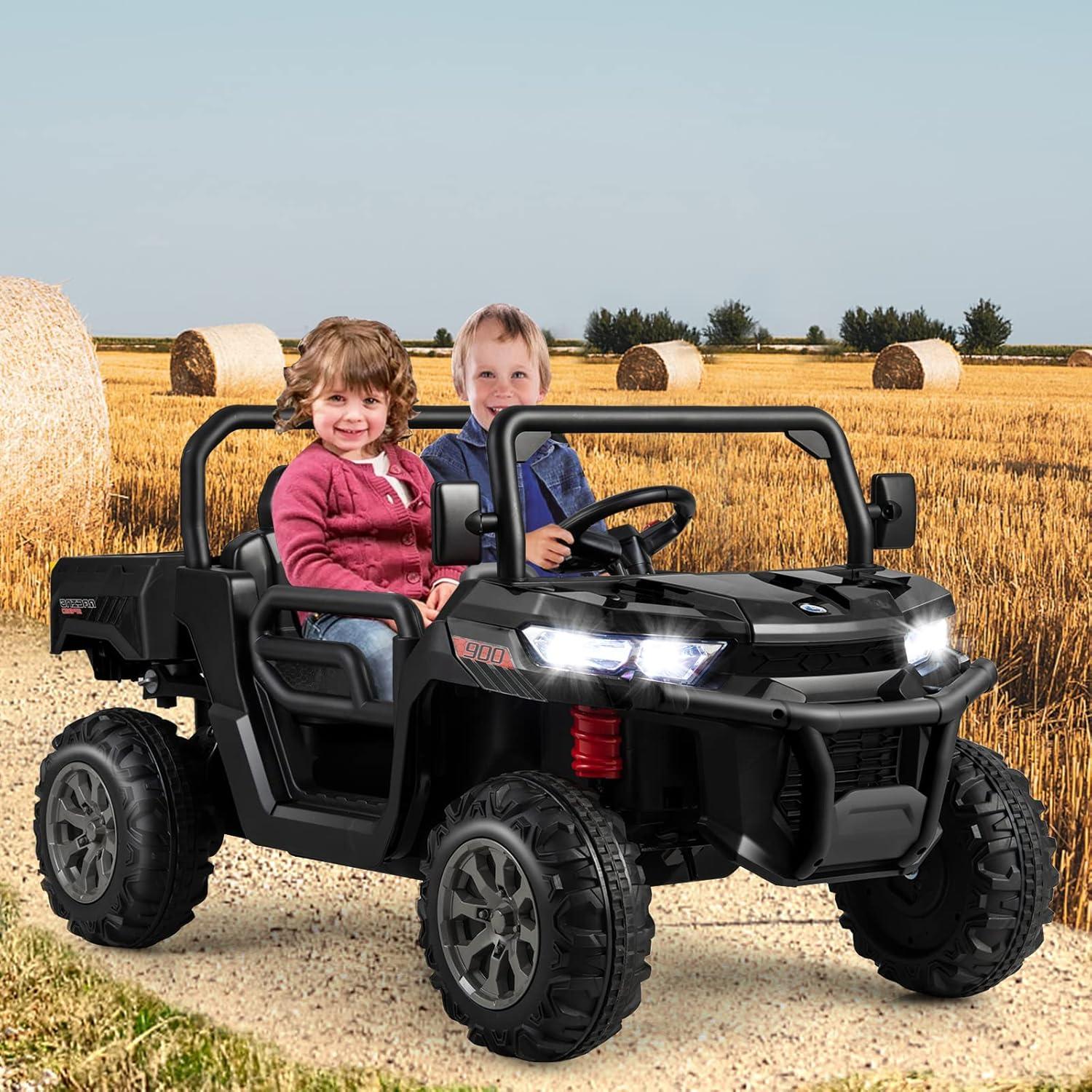 JOYRACER 24V 2 Seater Ride On Dump Truck with Remote Control , Electric UTV Car with Electric Dump Bed, 4WD Power Ride Cars W/6 Wheels Ride On Toys with Shovel Music Player