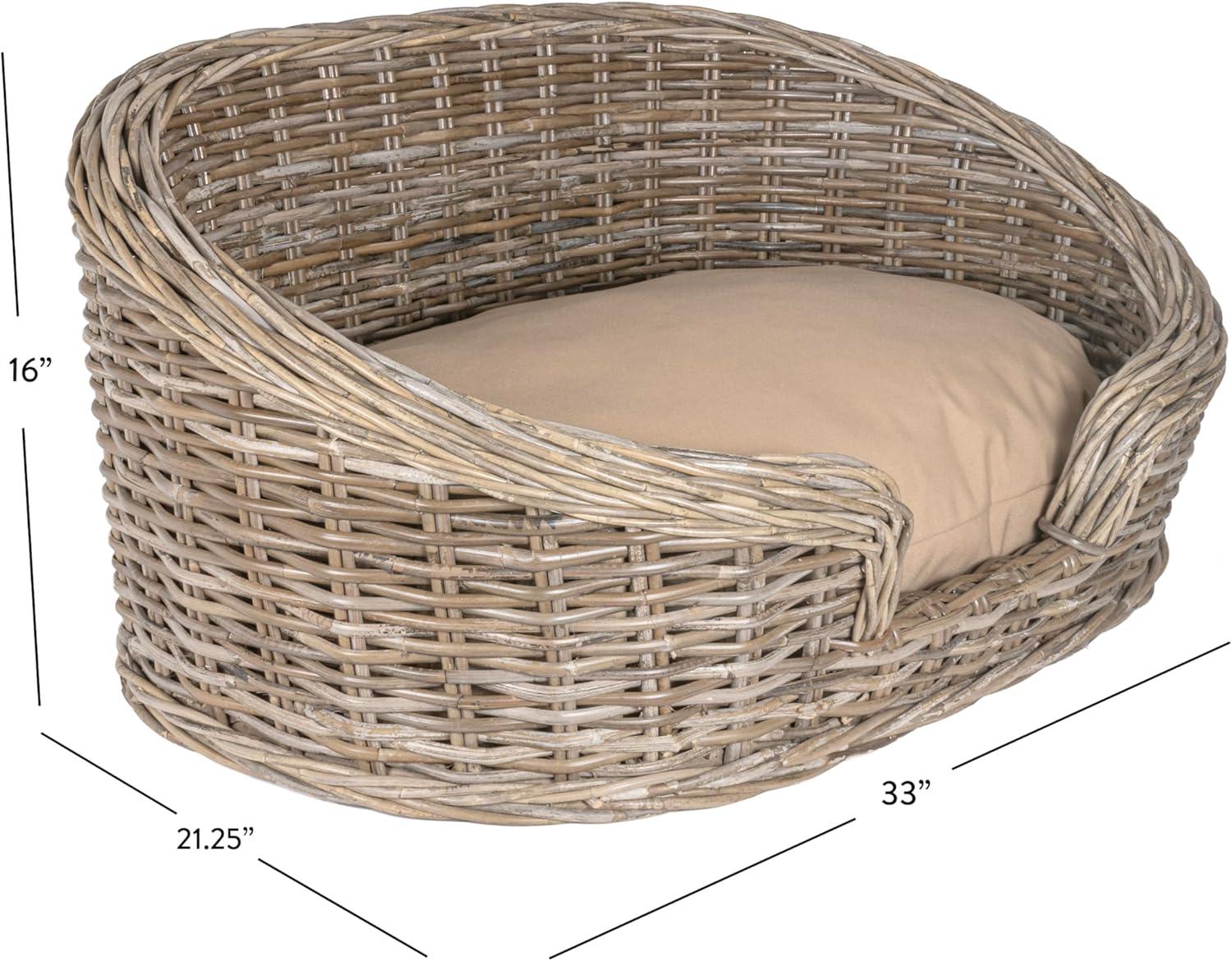 THE LICKER STORE Curvy 33" x 21.25" Classic Handwoven Rattan Dog Bed with Machine-Washable Cushion, Kubu Gray