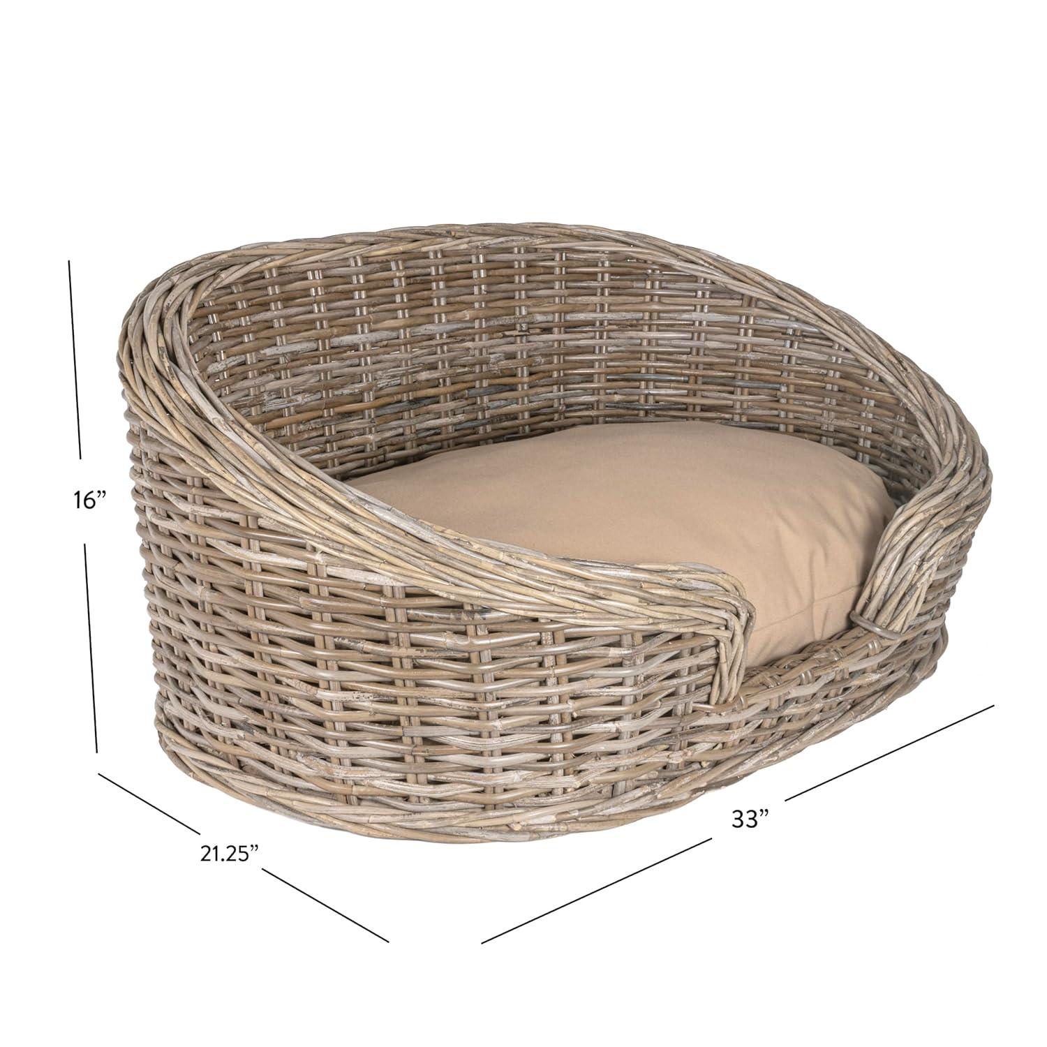 THE LICKER STORE Curvy 33" x 21.25" Classic Handwoven Rattan Dog Bed with Machine-Washable Cushion, Kubu Gray