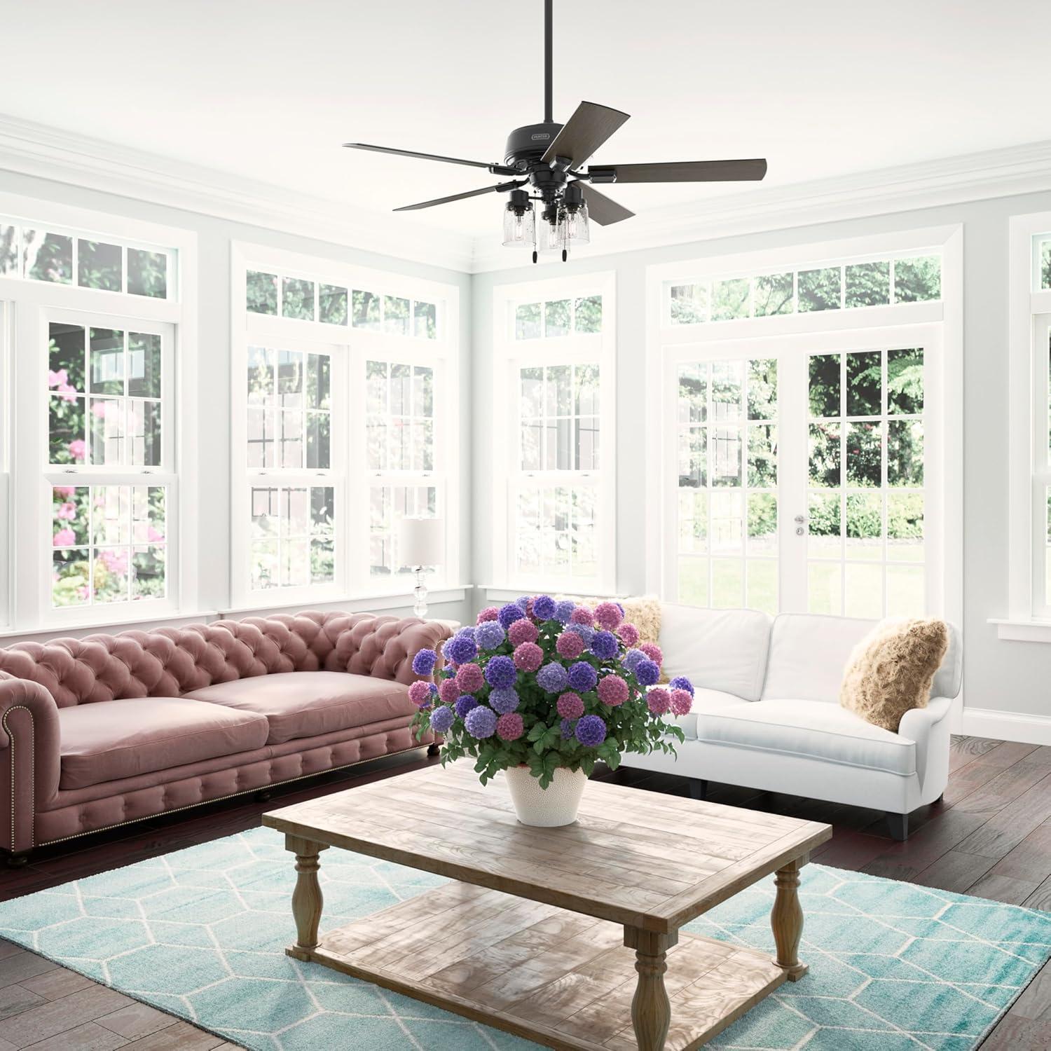 Hunter - Hartland Indoor Ceiling Fan With Light, 52-inch, Matte Black, Casual-style, 3-speed WhisperWind Motor, 51745, for living rooms, bedrooms, home offices, kitchens
