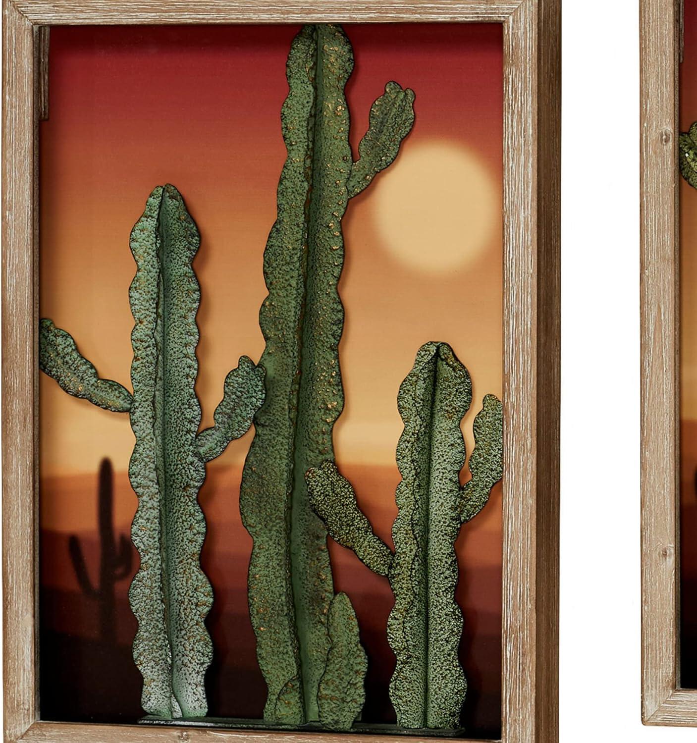 Desert at Sunset Southwest Cactus Wall Art Set of Two, 3D Metal Cacti in Front of Majestic Desert Print, Each Panel is 21 by 16 Inches, 2 Inch Depth Set of 2