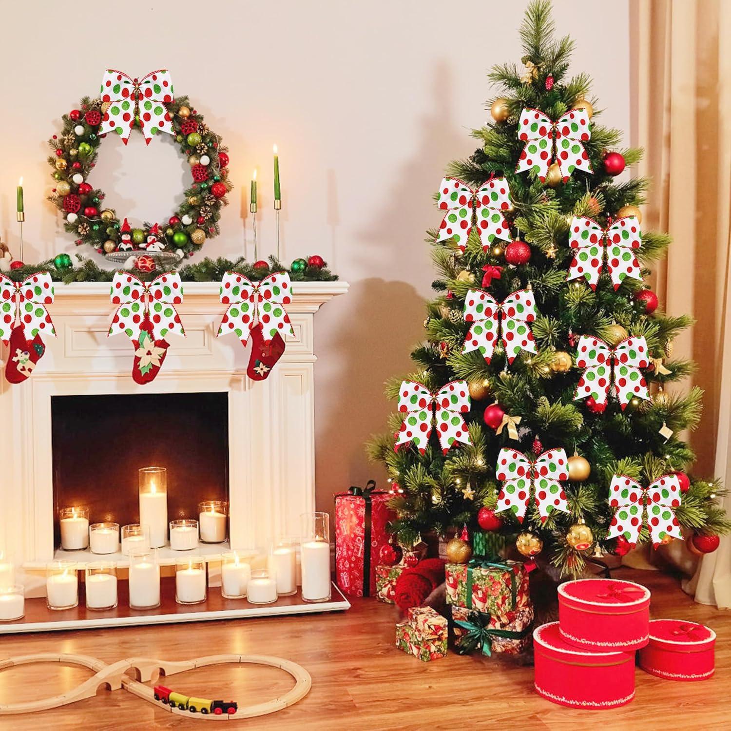 Sandistore Cute Cars 12pcs Christmas Tree Bows Ornaments 6 Inch Large Christmas Wreath Bows Red Green Xmas Tree Bows Christmas Glitter Dot Bows Ribbons Decoration For Garland Diamonds for Crafts