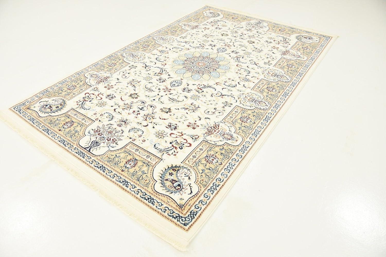 Ivory Floral Rectangular Synthetic Easy Care Rug