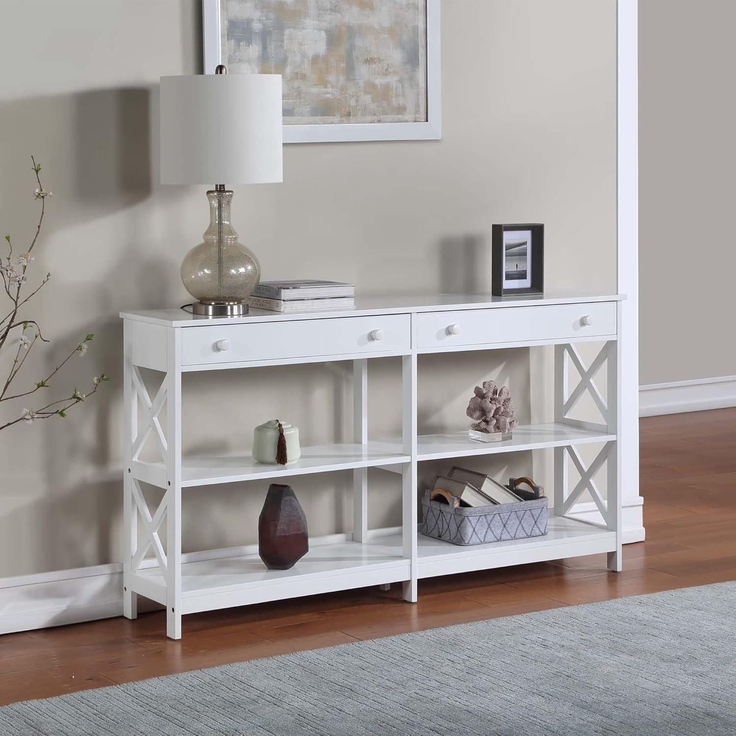 Oxford White 60" Console Table with Storage Shelves and Drawers