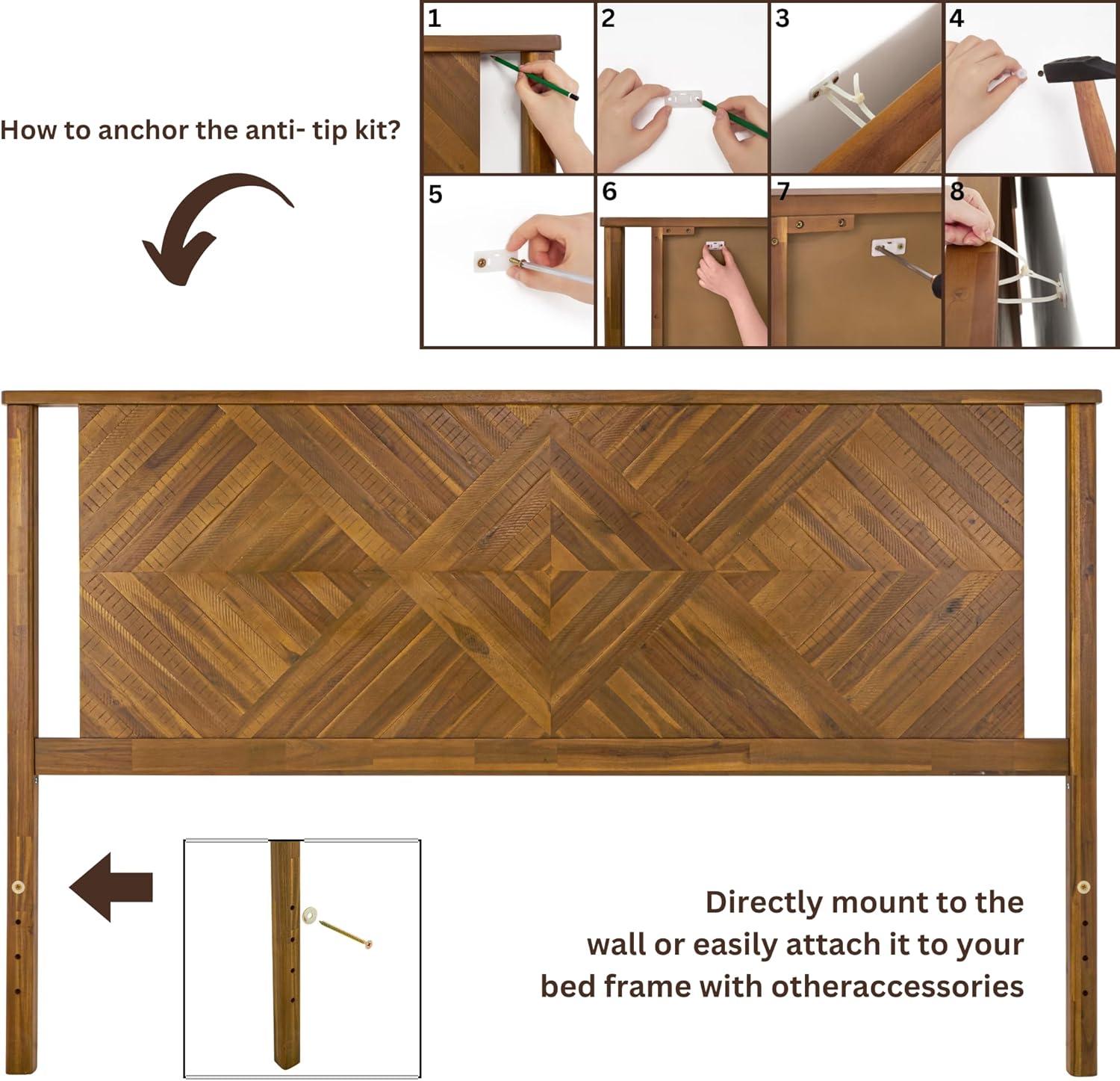 Bme Ethan King Size Diamond Headboard ONLY - Rustic & Mid-Century Modern Style Without Bed Frame - Solid Acacia Wood - Easy Assembly - Rustic Dark Brown
