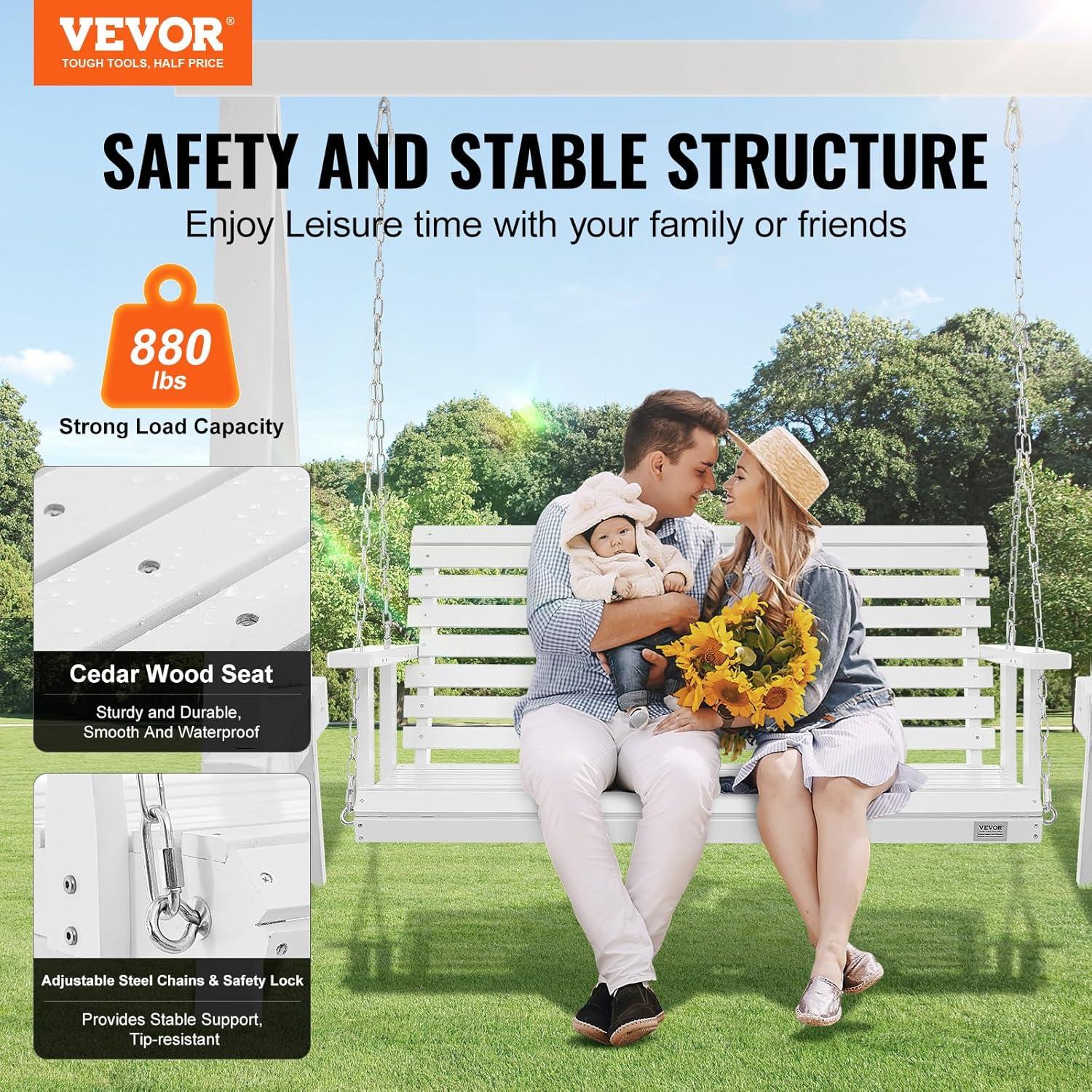 White Fir Wood Heavy Duty Porch Swing with Steel Chains