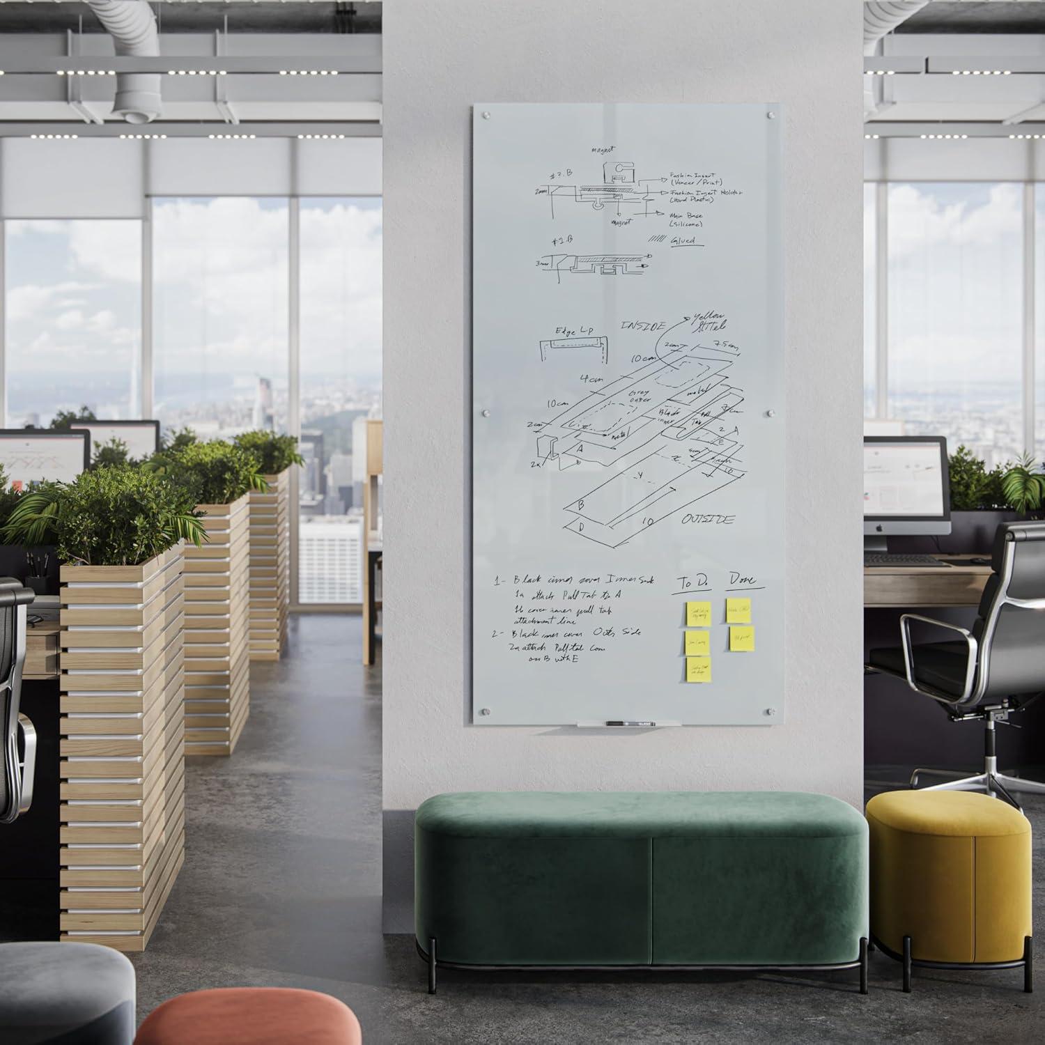 U Brands 70"x35" Frosted Glass Frameless Dry Erase Board White: Wall Mount Glass Whiteboard with Marker Tray