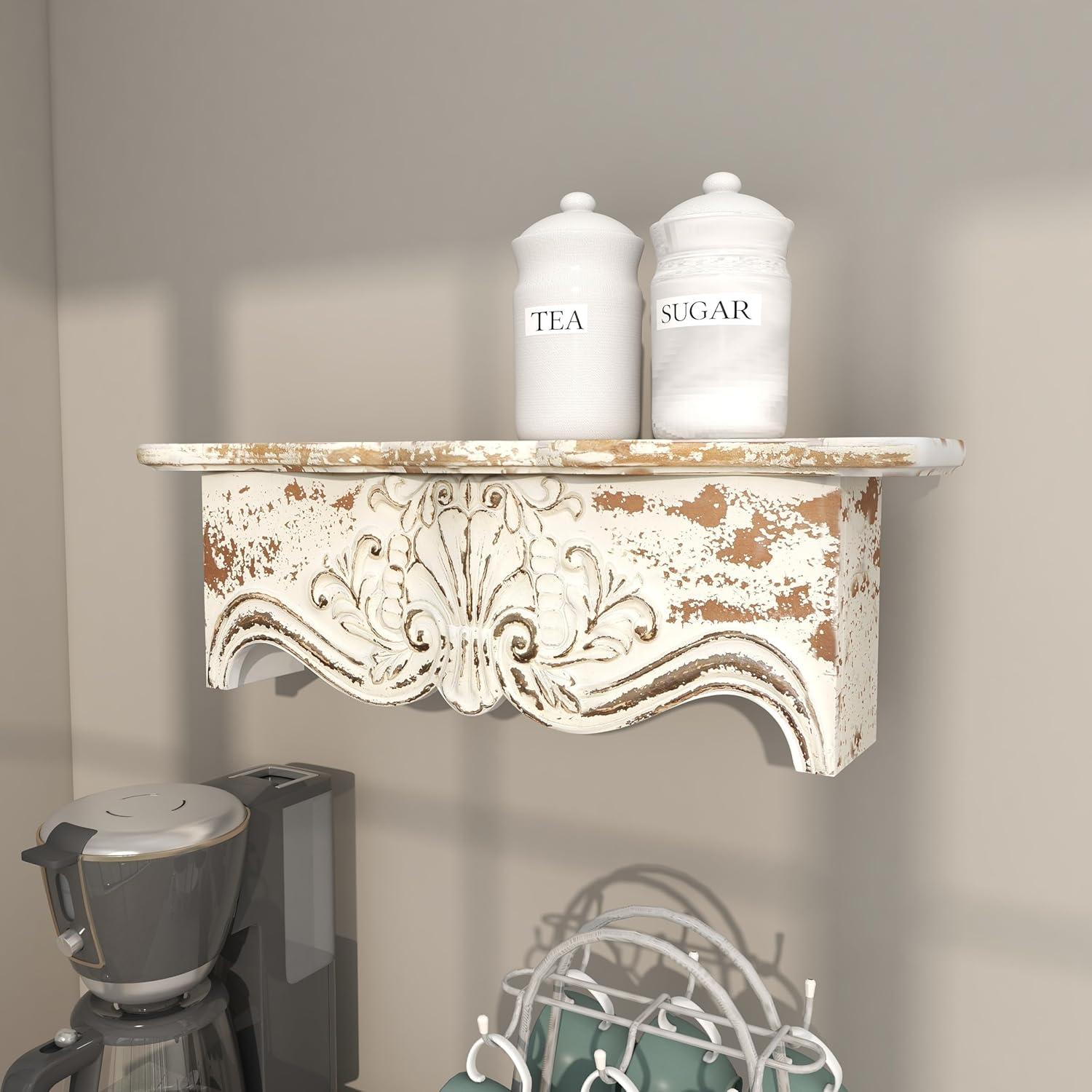 Kelly Clarkson Home Elicia White Wood Scroll Distressed 1 Shelf Room Wall Shelf
