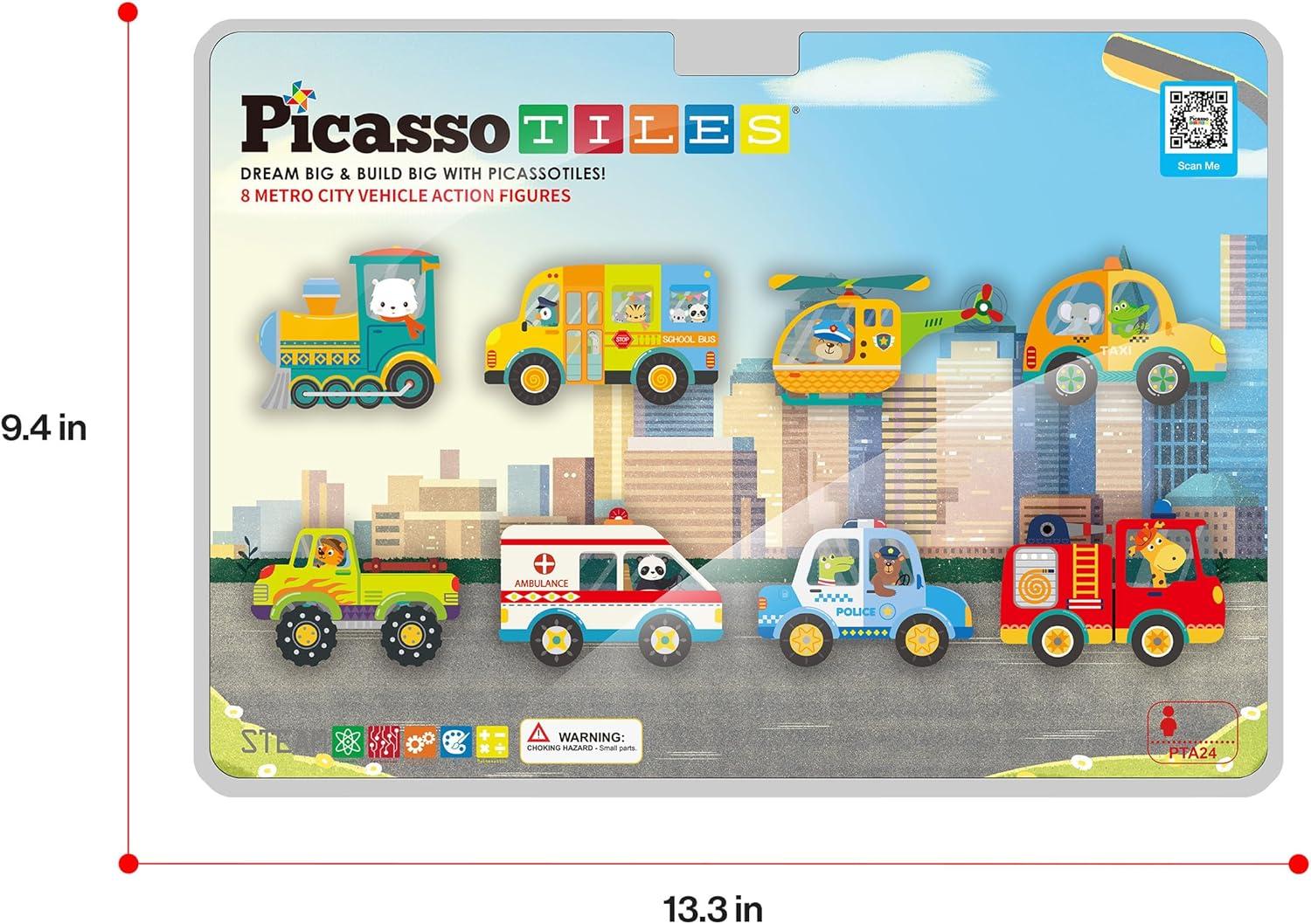 Picasso-TILES 8 PC Metro City Vehicle Themed, Magnetic Tiles, Building Blocks, STEM Toys for Kids 3+