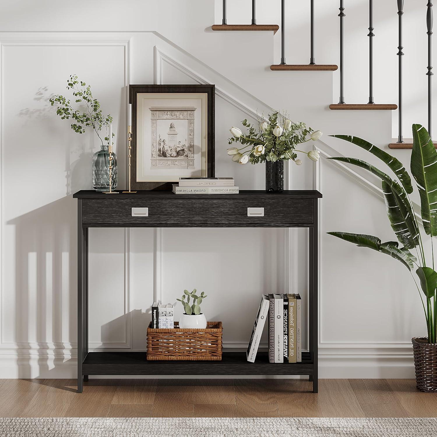 Black Entryway Table With Drawer, Narrow Console Table, Sofa Table With Storage Shelf For Entryway, Living Room And Hallway