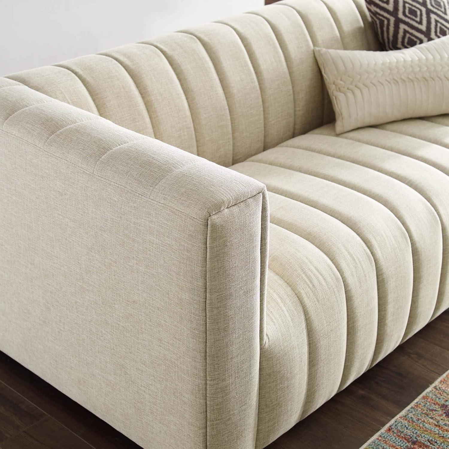 Reflection Beige Channel Tufted Fabric and Wood Sofa