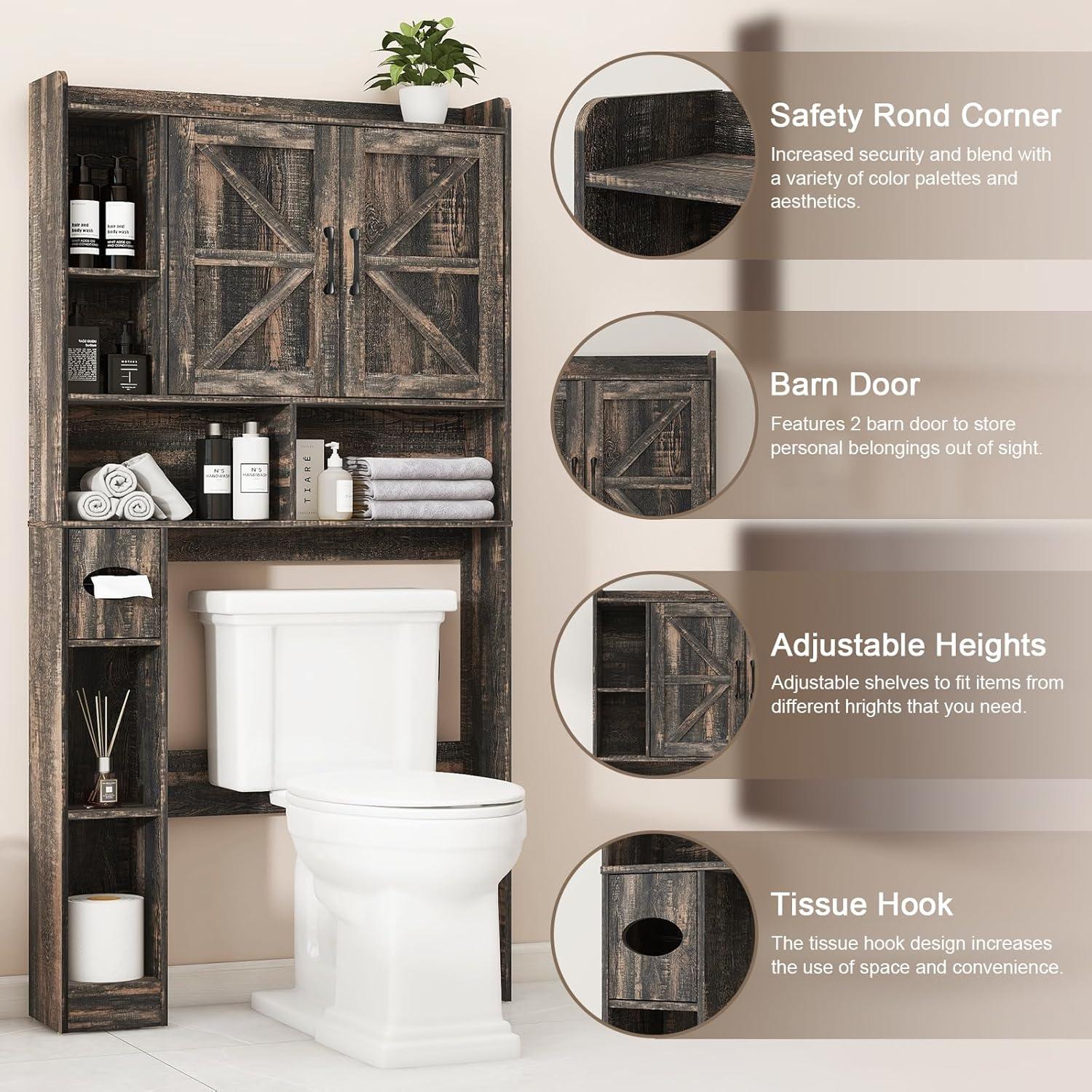 Over The Toilet Storage Cabinet, with 2 Barn Doors & Toilet Paper Holder Stand