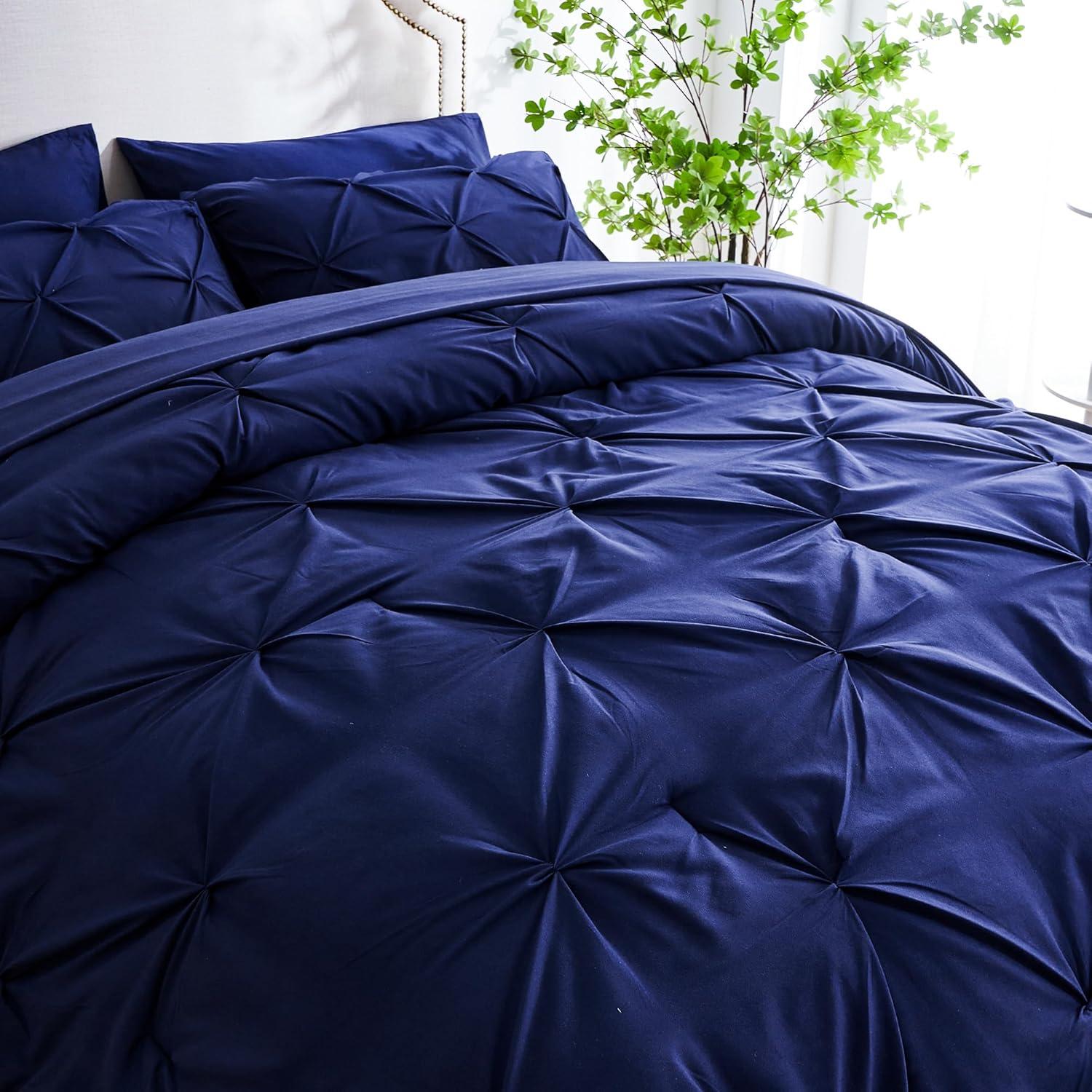 Virtu Queen Comforter Set, 7pc Bed in a Bag, Pleated Bedding Comforter Sets with Sheets, Navy