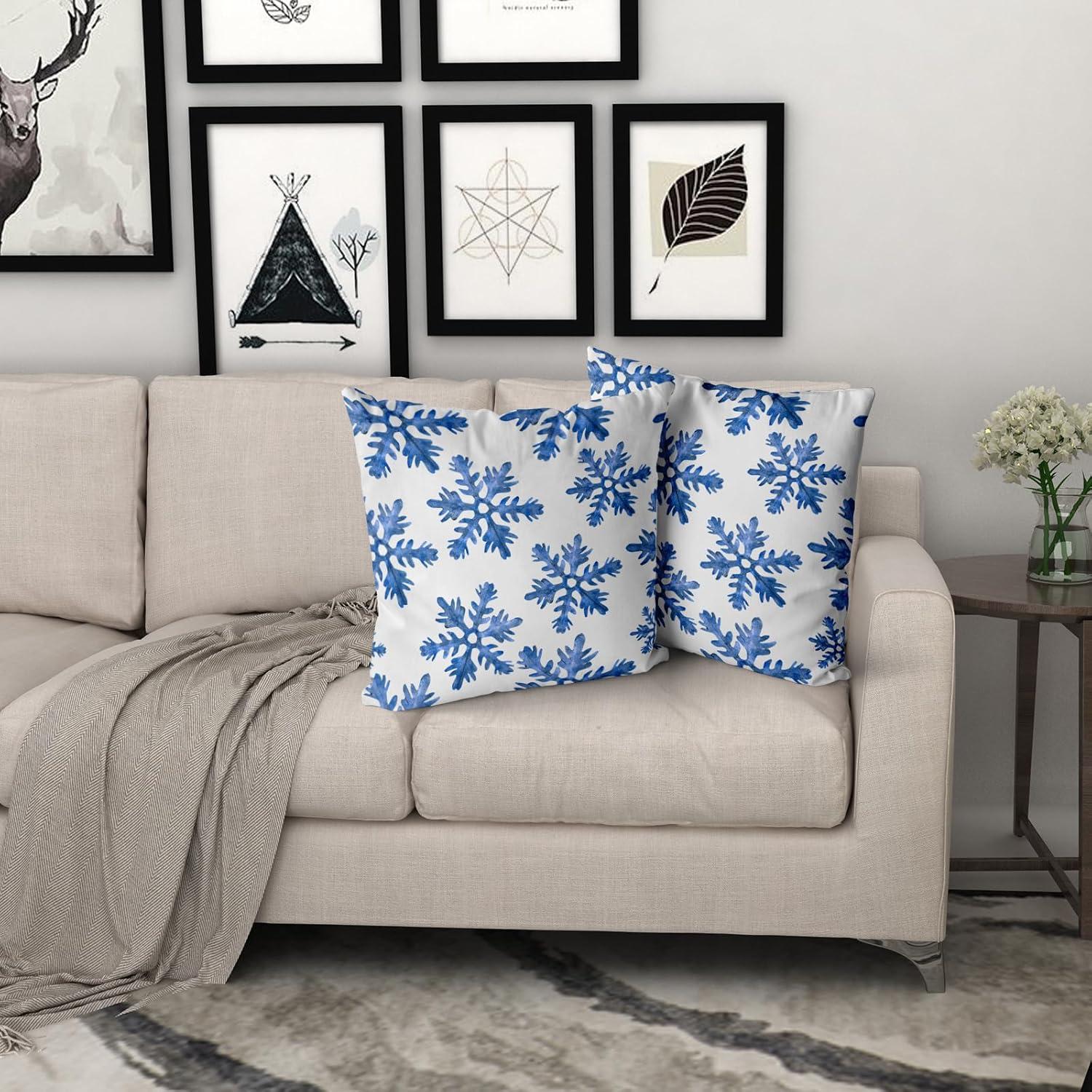 Set of 2 Merry Christmas Decorative Pillow Covers 18x18 inch,Blue Snow Winter with Snowflakes Falling White Crystal Double Sided Throw Pillow Covers Sofa Cushion Cover