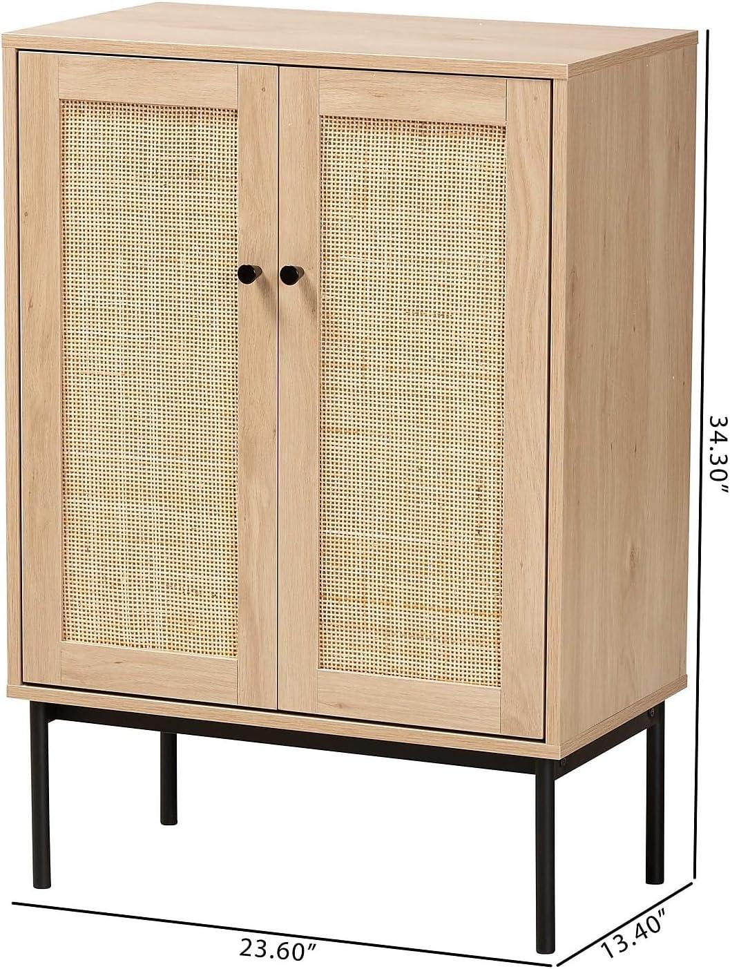 Sherwin 2 Door Storage Cabinet with Woven Rattan Accent Light Brown/Black - Baxton Studio: Mid-Century, Metal Base, Wood Frame