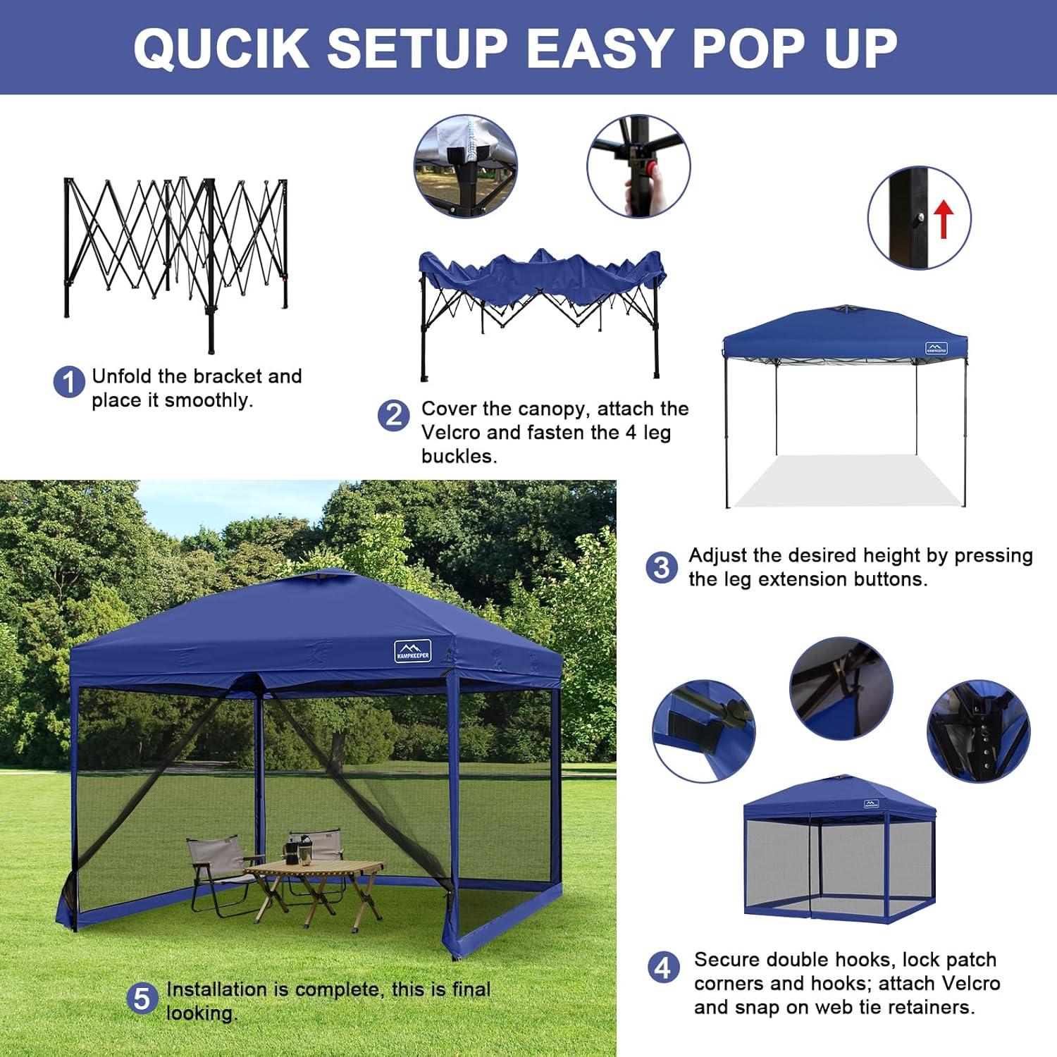 KAMPKEEPER 10x10 Pop Up Canopy Tent with Mosquito Netting - Waterproof Screen Shelter for Sun Shade, Camping, Beach and Outdoor Events, Navy Blue