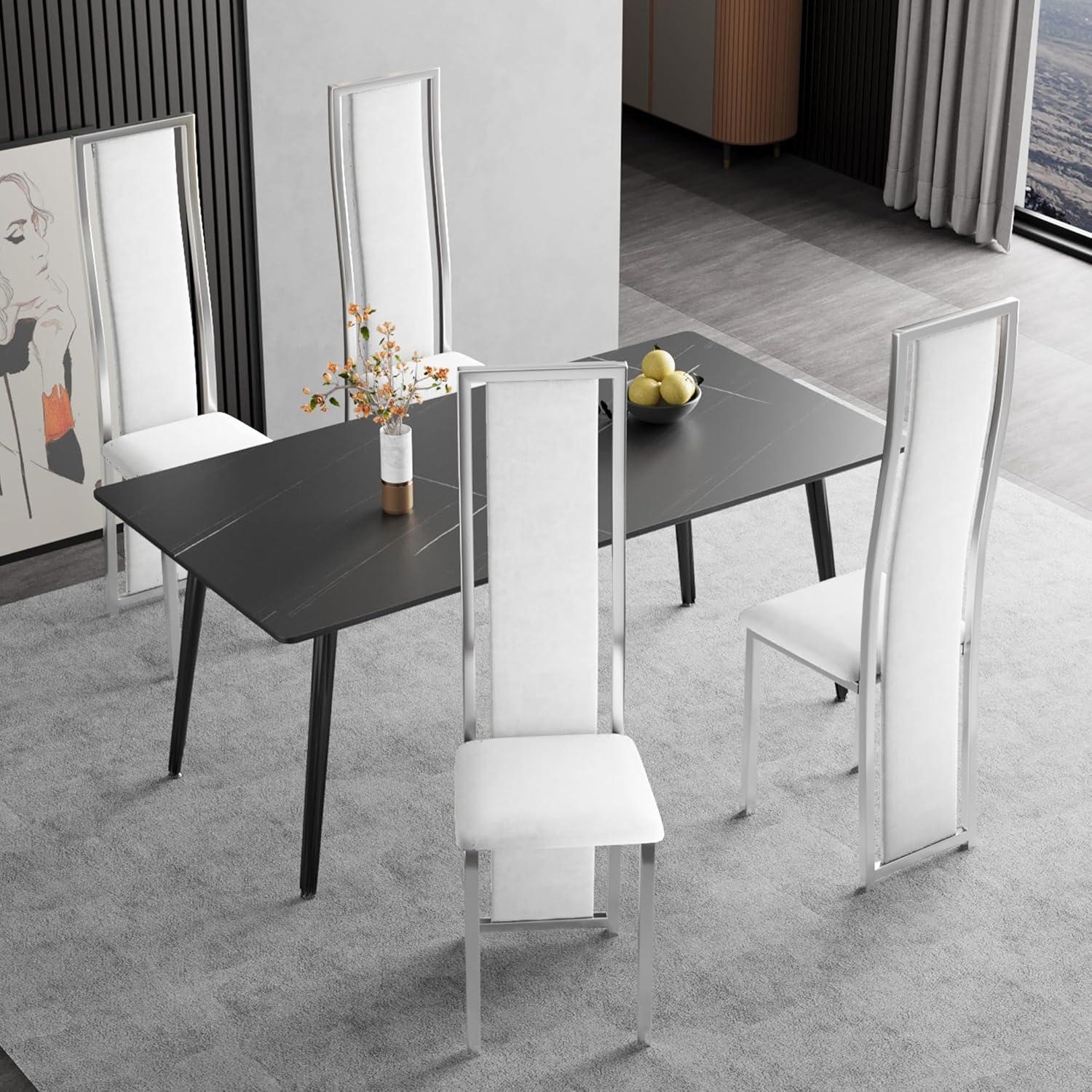 MIFI White Velvet Dining Chairs Set of 2, High-back , Kitchen & Dining Room Chairs , Sillas De Comedor ,Fabric Upholstered, Silver Chrome Metal Legs (White, 2 Pcs)