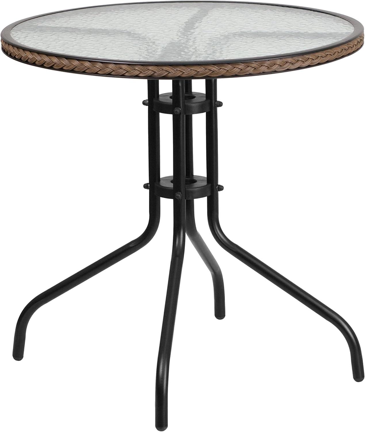 Flash Furniture 28'' Round Tempered Glass Metal Table with Dark Brown Rattan Edging