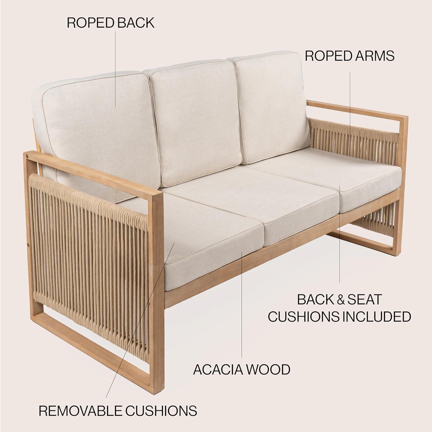 Gable 3-Seat Mid-Century Modern Roped Acacia Wood Outdoor Sofa with Cushions - JONATHAN Y