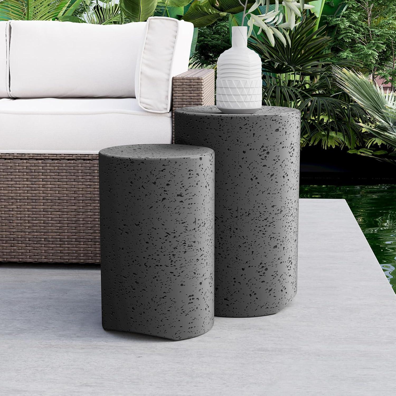 Dark Grey Spotted Concrete Round Outdoor Side Tables, Set of 2