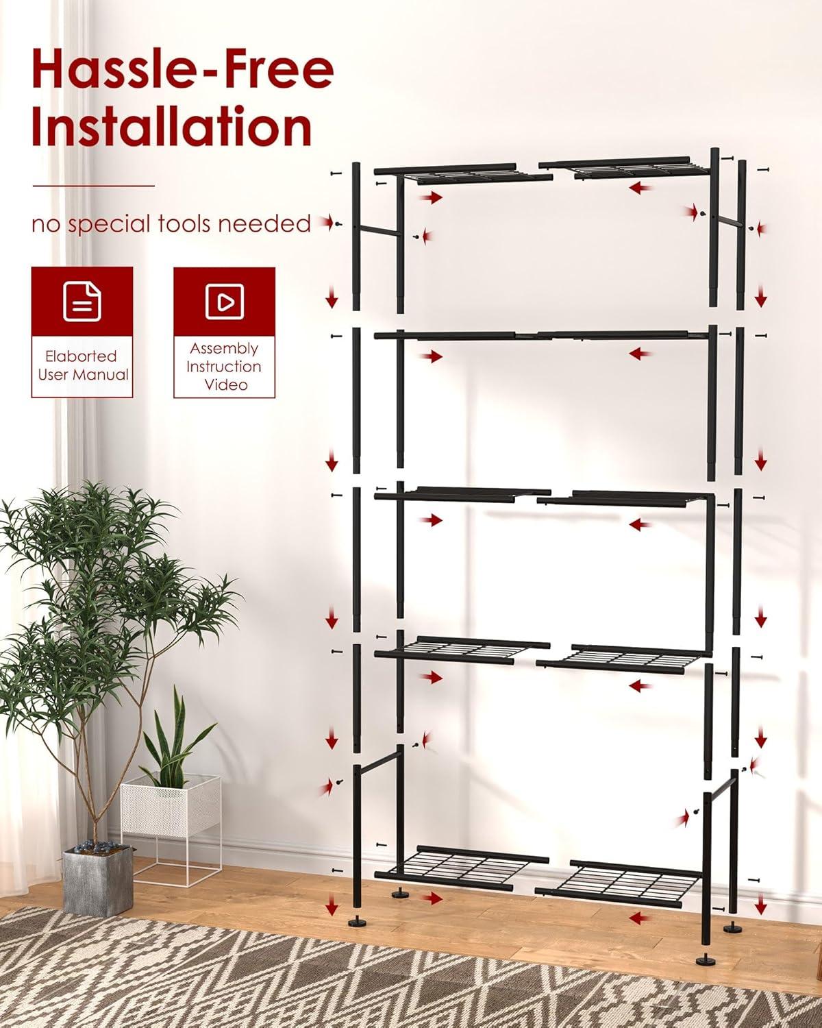 Storage Shelves - 5 Tier Shelf Organizer, Heavy Duty Garage Shelving Unit with Leveling Feet, Stable Metal Shelves Organizer for Pantry, Kitchen and Closet, 33.1" W X 12.6" D X 72.0" H, Black