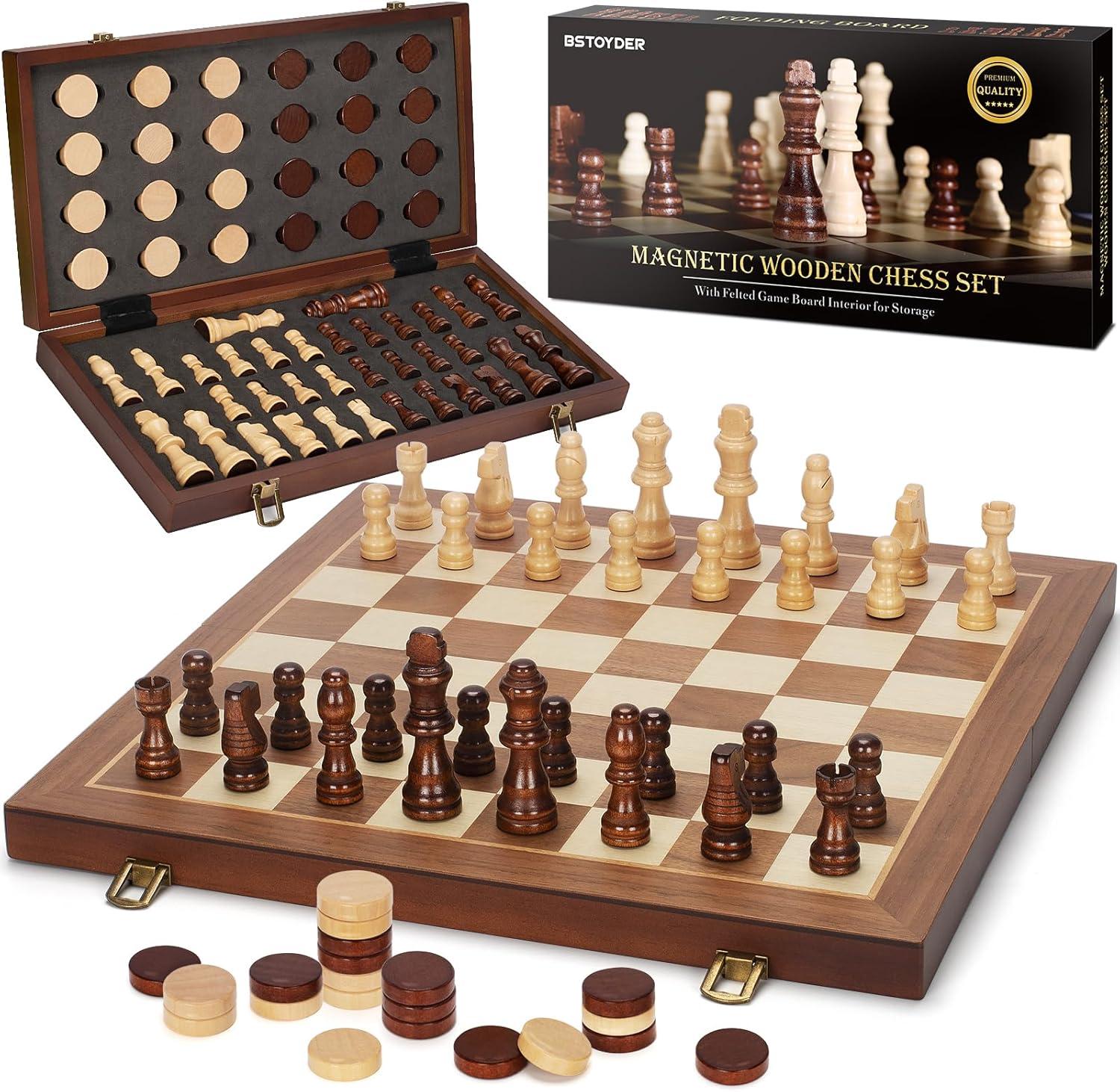 KiddiTouch 15 inch Magnetic Wooden Chess Set 2 in 1 Folding Chess Board Travel Chess Games for Adults and Kids-2 Extra Queen Pieces