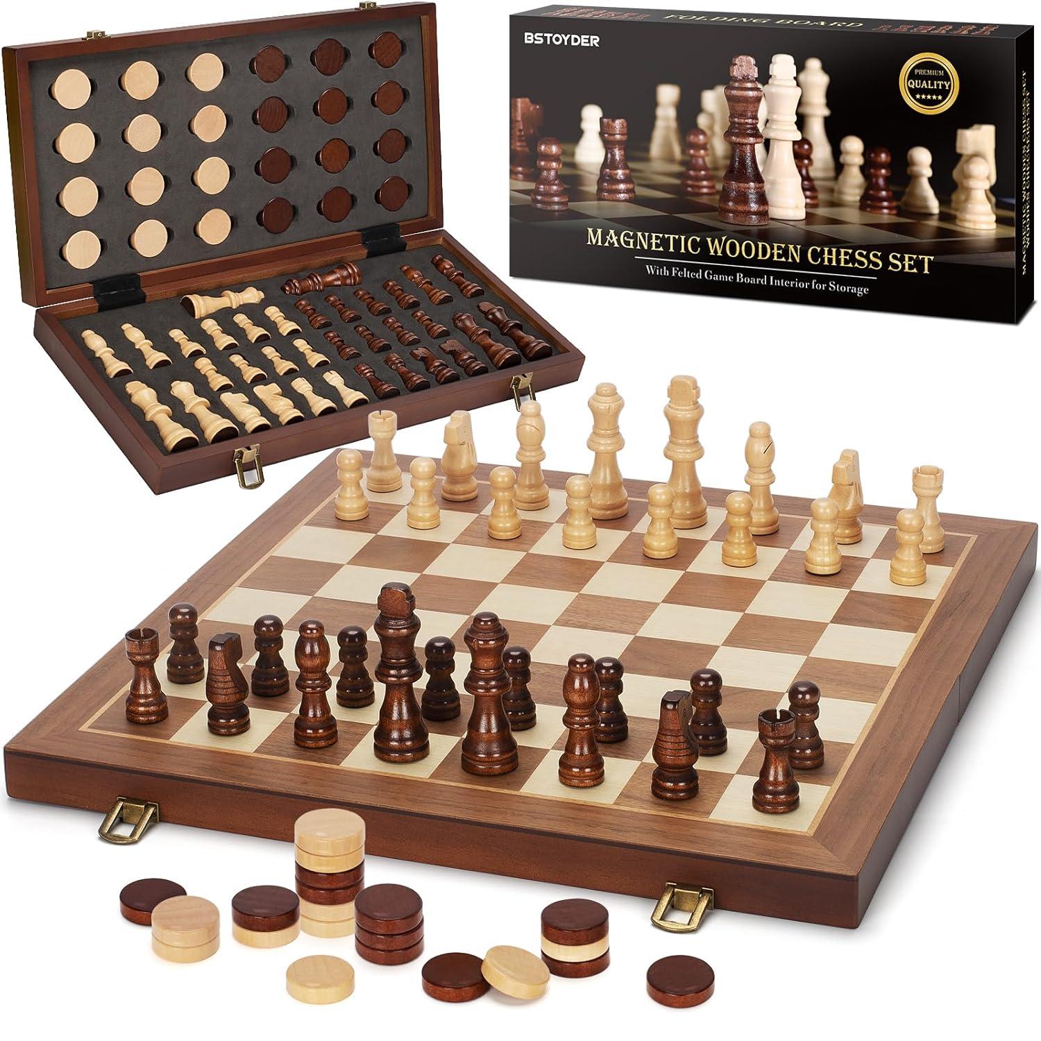 KiddiTouch 15 inch Magnetic Wooden Chess Set 2 in 1 Folding Chess Board Travel Chess Games for Adults and Kids