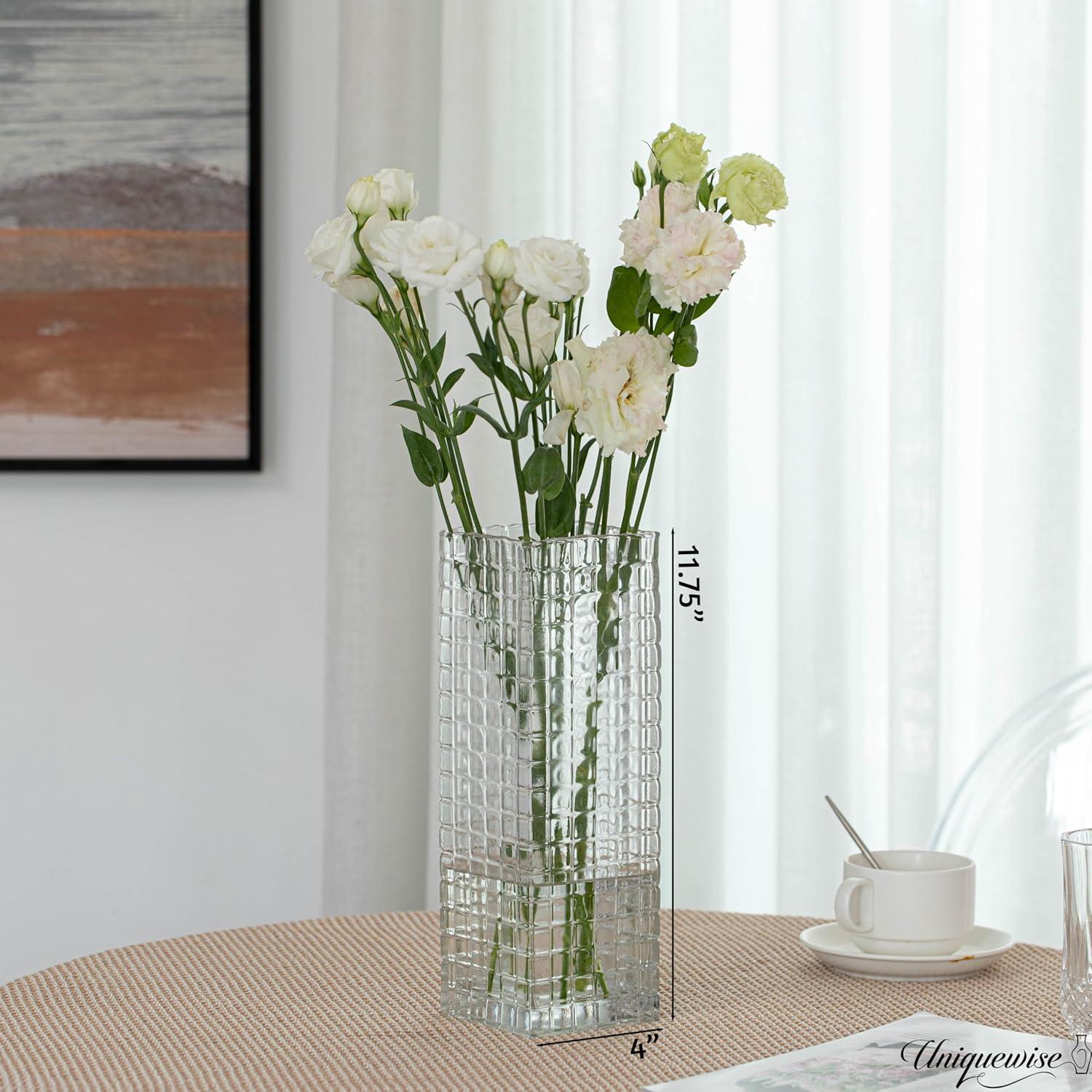 Uniquewise Large Square Frosted Clear Glass Table Vase - A Timeless Centerpiece for Dining Tables, Living Rooms, Bedrooms, Hotel Reception Areas