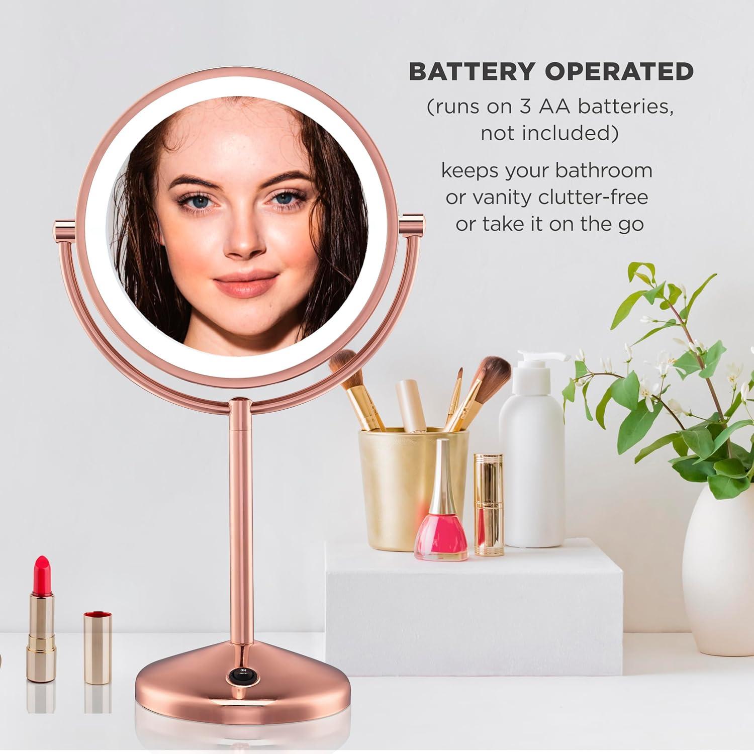 Conair Reflections Double-Sided Mirror, 1x/10x Magnification, Free Standing, Battery Operated, Rose Gold BEH17RGXR