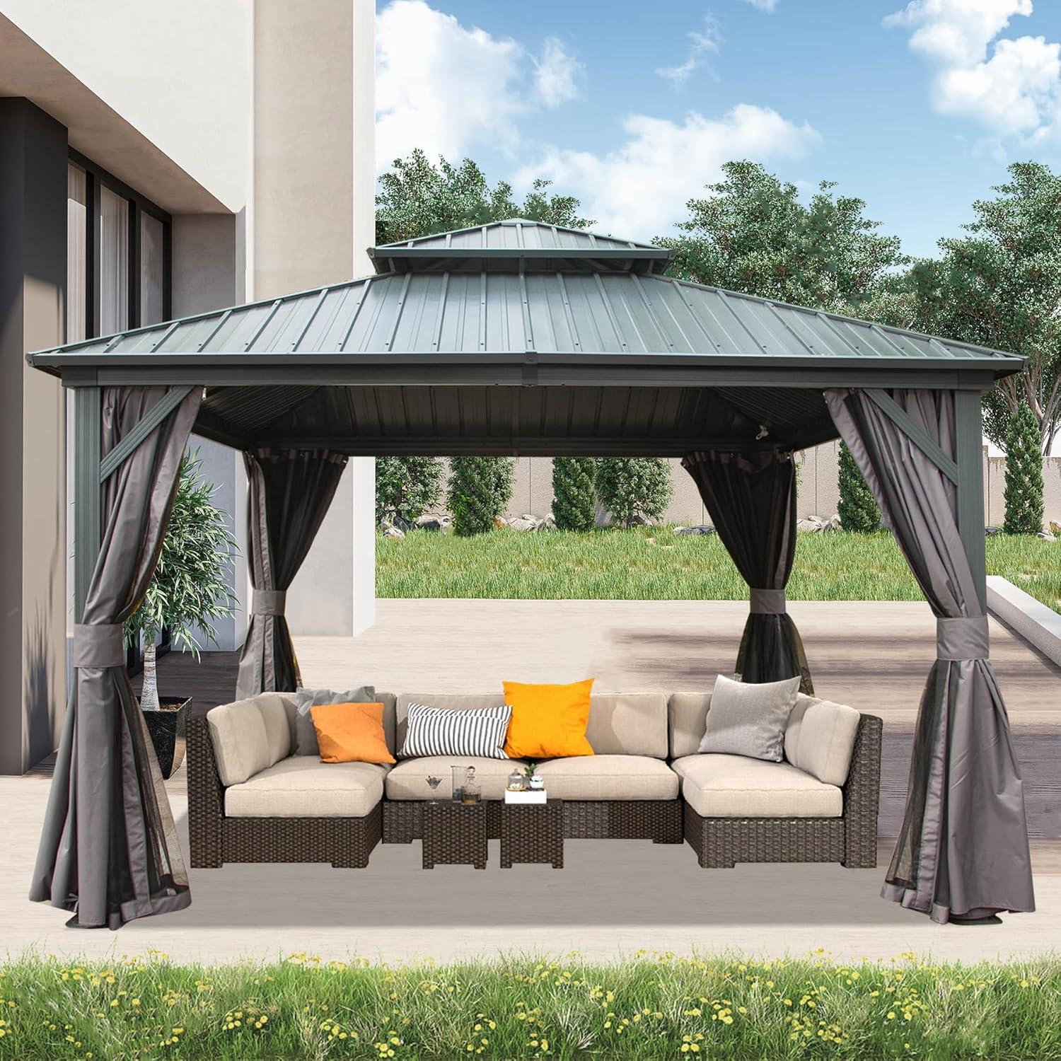 Domi Outdoor Living 12’ X 12’ Hardtop Gazebo Canopy with Netting & Curtains, Outdoor Aluminum Gazebo with Galvanized Steel Double Roof for Patio Lawn and Garden, Gray