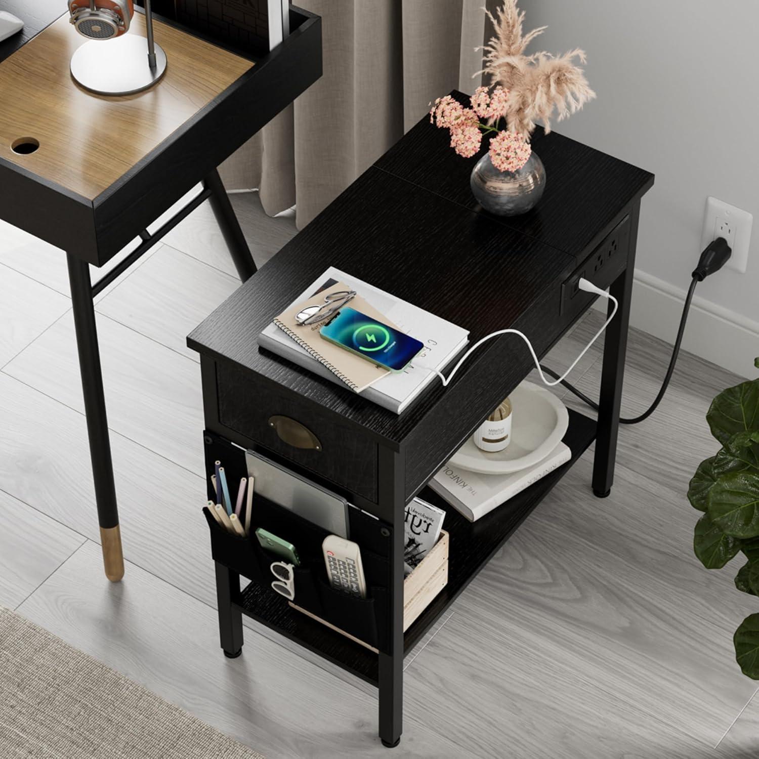 Accreate 23" End Table with Charging Station - Narrow Side Table with USB Ports, Outlets, and Storage Drawers for Living Room and Bedroom