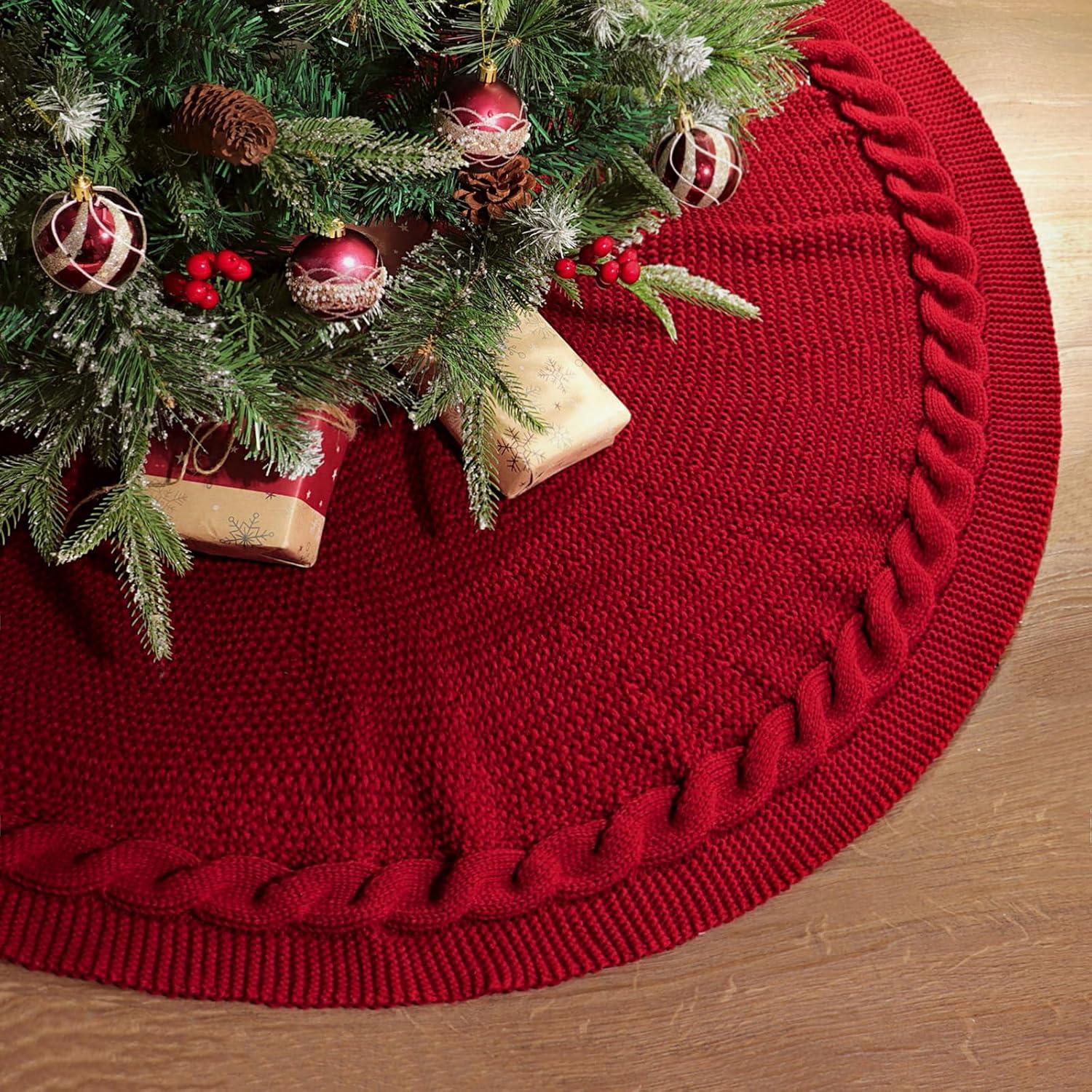 TETOU 48In Knitted Christmas Tree Skirt, Wine Red Tree Skirt, Braided Cable Knit Thick Rustic Christmas Tree Decorations, Farmhouse Christmas Decor Xmas Holiday Home Party Decorations