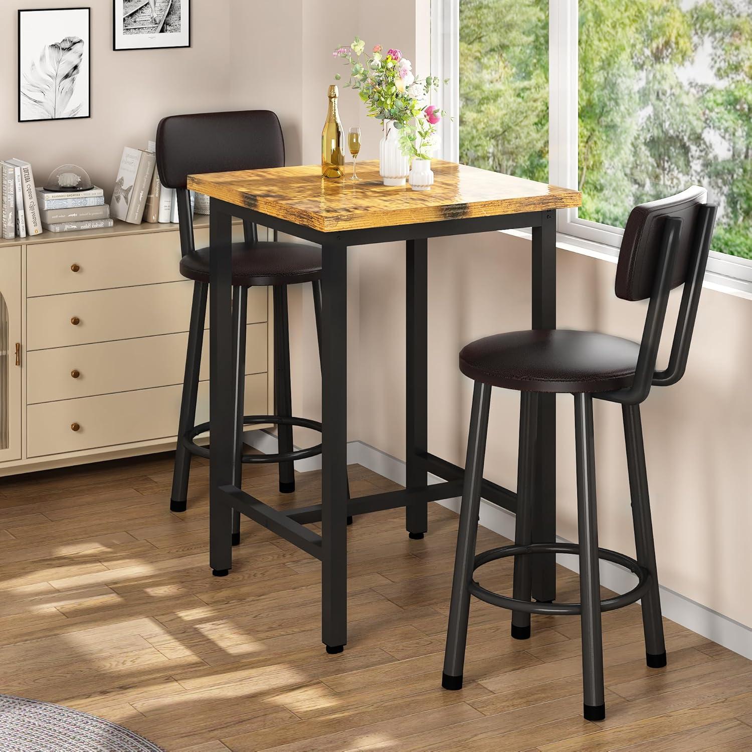 TiaGOC 3 Piece Pub Dining Set, Modern bar Table and Stools for 2 Kitchen Counter Height Wood Top Bistro Easy Assemble for Breakfast Nook Living Room Small Space Restaurant, Rustic Brown 24”