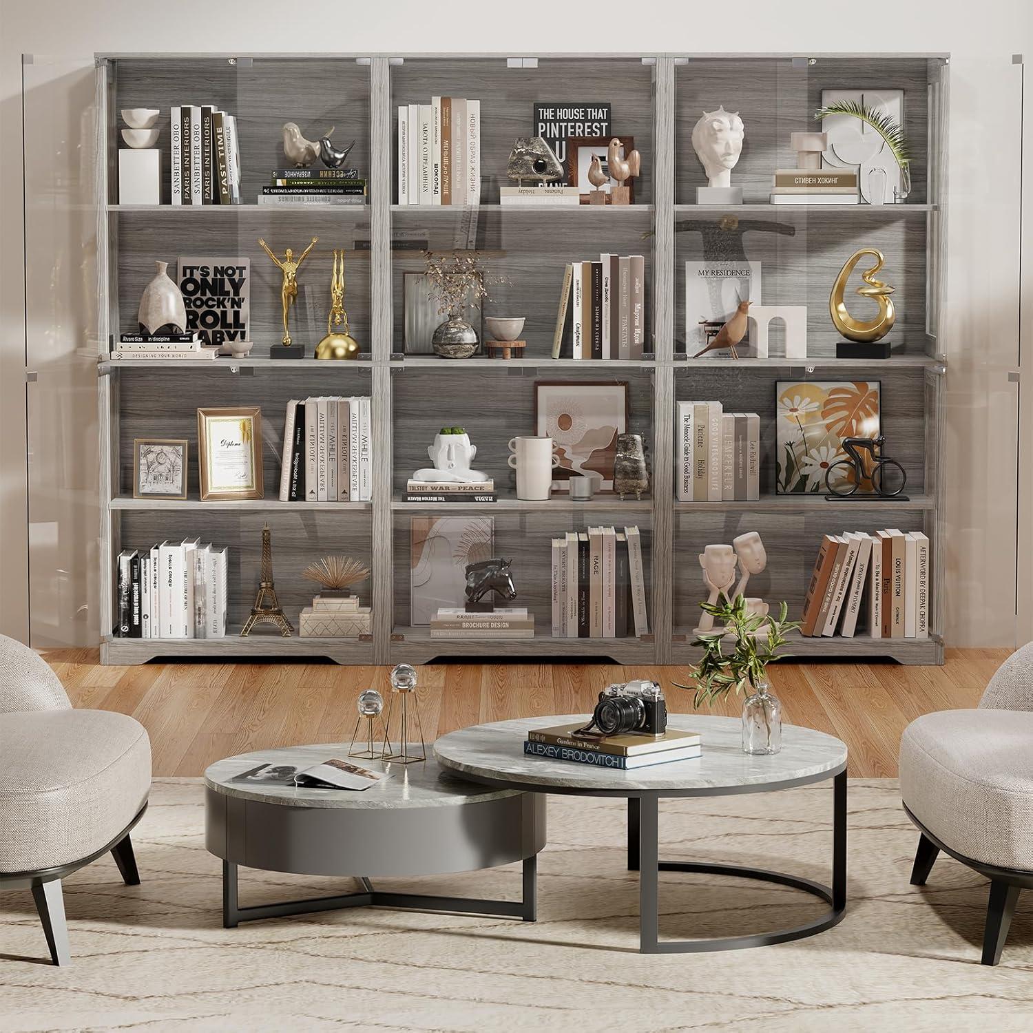 Display Cabinet with Glass Doors, 4-Tier Curio Cabinet&Bookcase with 3 Color Light for Collectibles