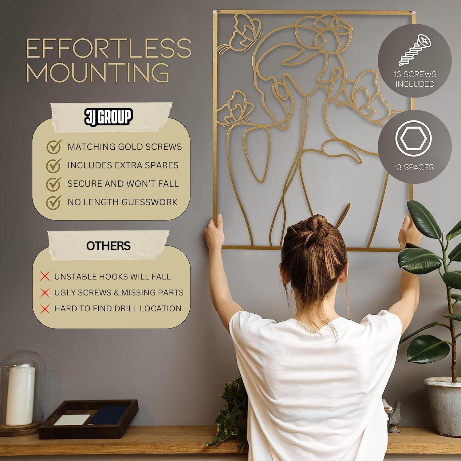 XL Gold Metal Wall Art - 18 x 24 Inches - 3 Piece Decor for Living Room - Female Framed Art - Extra Thick With Screws Included