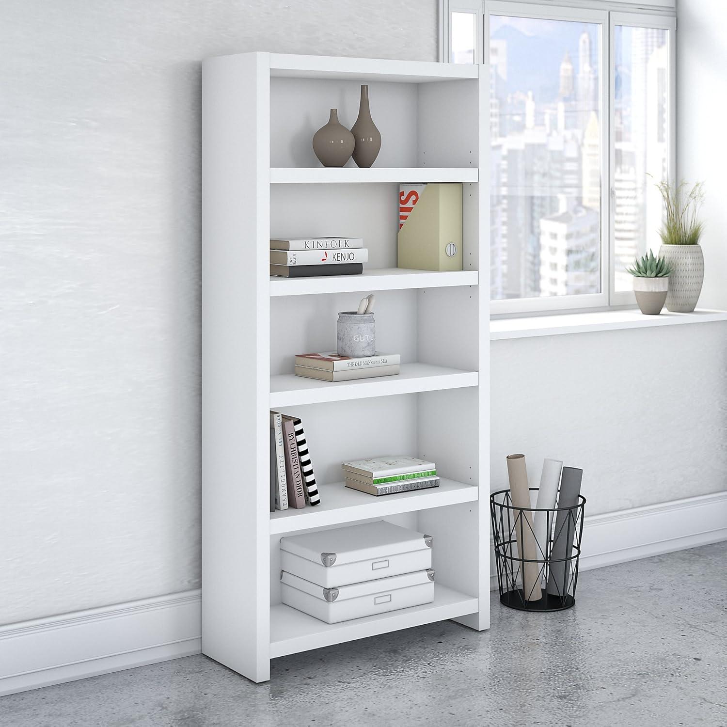 Contemporary Pure White Adjustable 5-Shelf Bookcase