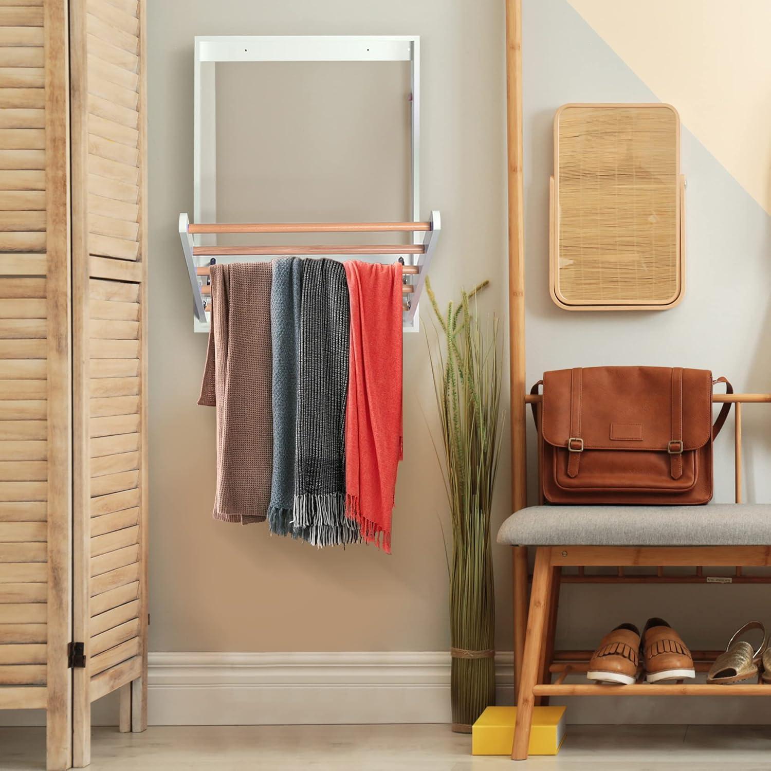 Wall Mounted Clothes Drying Rack for Laundry, Foldable Wooden Clothing Dryer Racks Indoor Use
