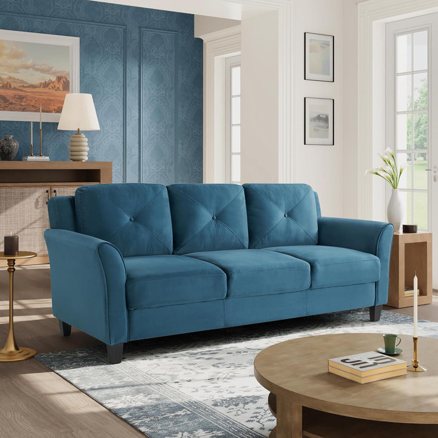 Harper Blue Tufted Microfiber Sofa with Flared Arms