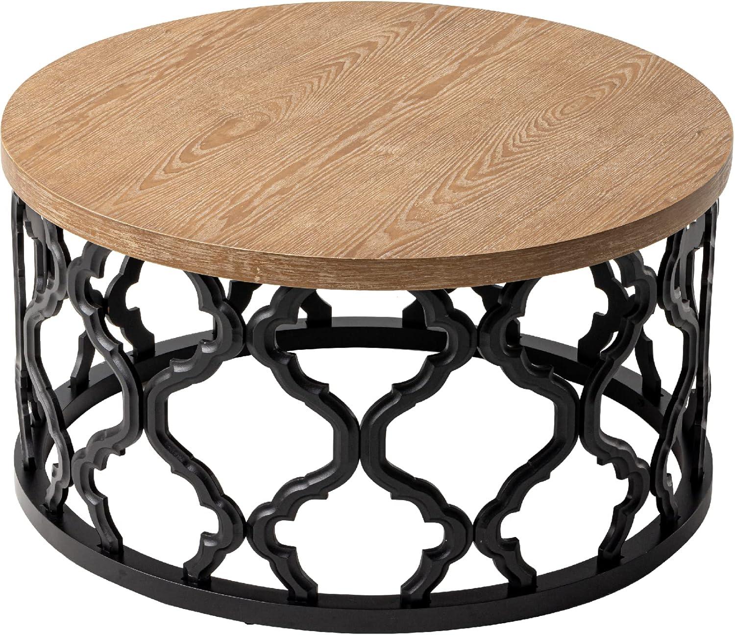 Round Natural Wood Coffee Table with Curved Motif Frame