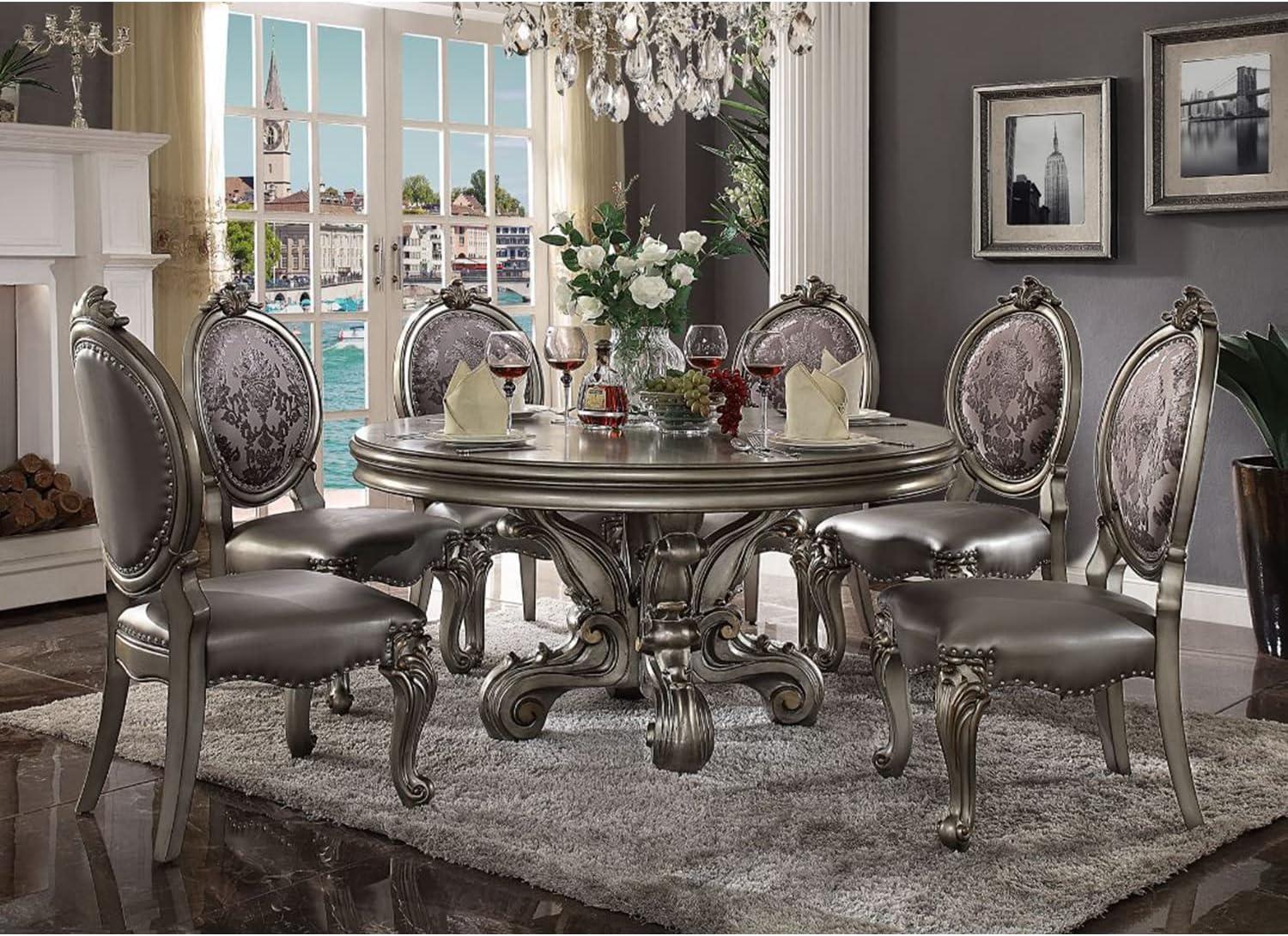 60" Versailles Dining Table Antique Platinum Finish - Acme Furniture: Elegant Pedestal Base, Seats Six, Wood Surface