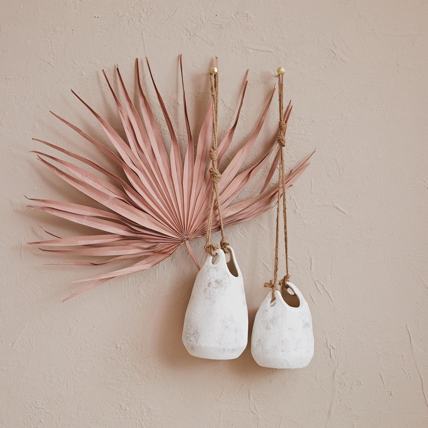 Large White Stoneware Hanging Planter with Jute Rope