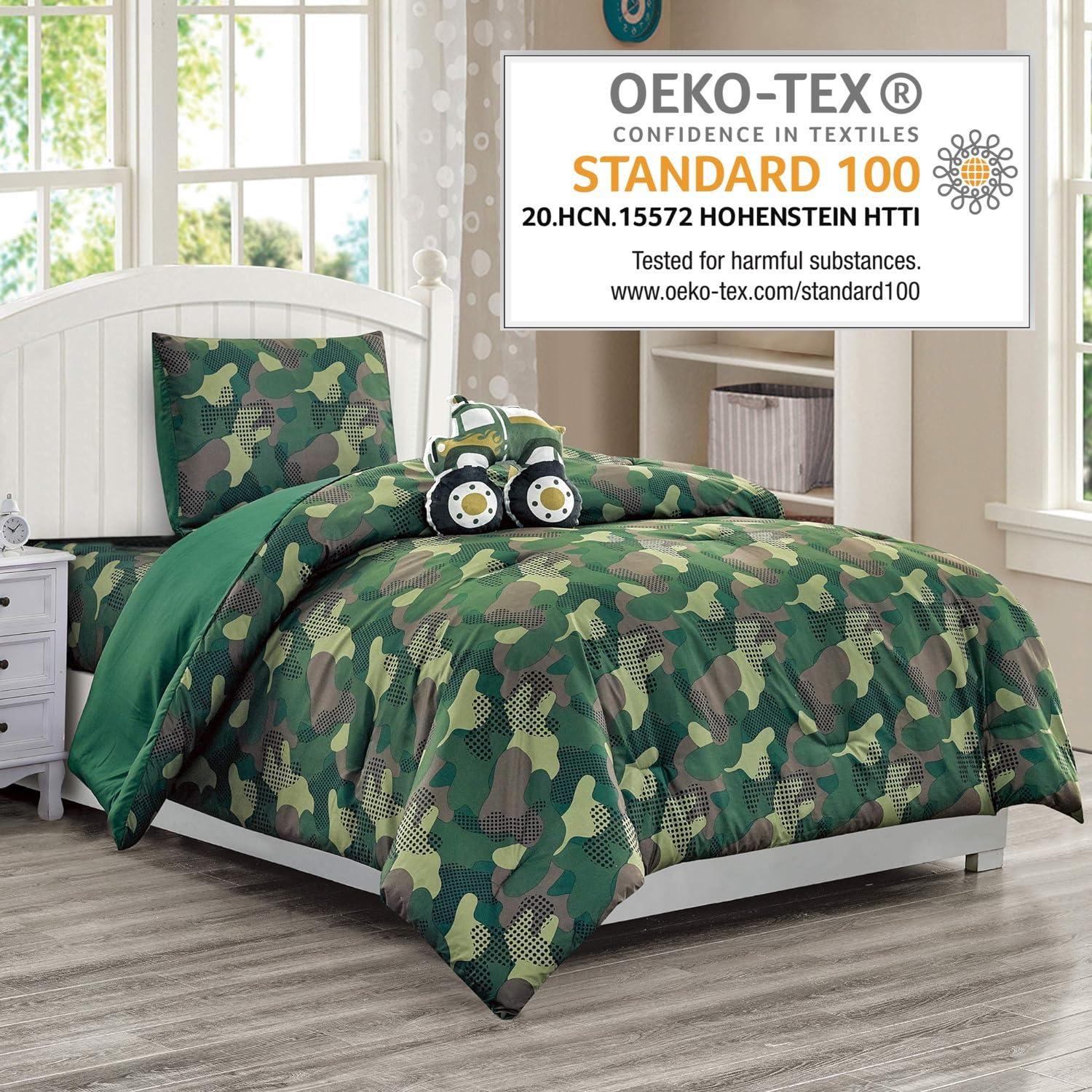 WPM Twin Camouflage Print Comforter Army Green Theme Bedding Set with Sheet, Pillow sham and Plush Pillow (Camouflage Military, Twin Comforter)
