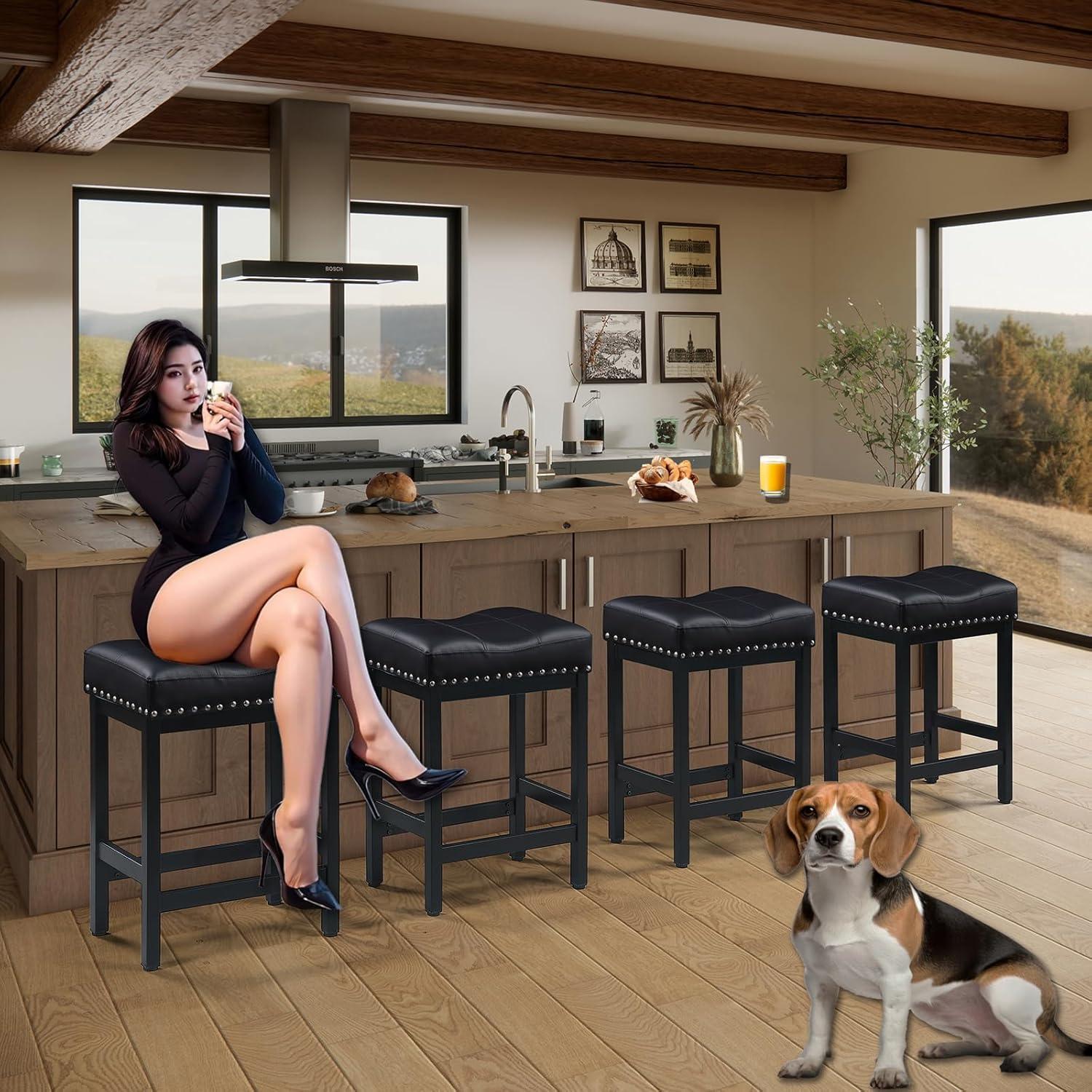 edx Bar Stools Set of 4, Modern Counter Height, 24 Inch Kitchen Barstools with Metal Base, PU Leather Saddle Seats for Kitchen Island, Black